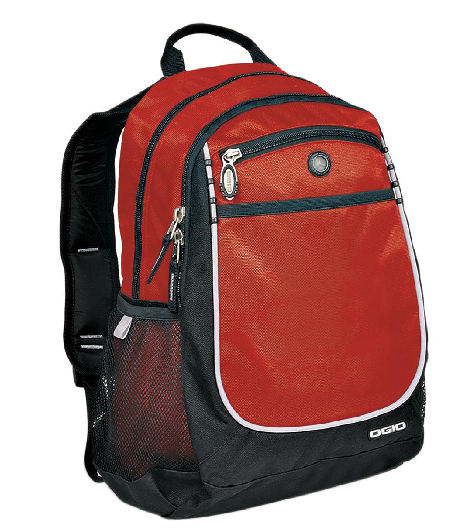 Red OGIO Carbon Pack with multiple compartments and padded straps, designed for durable and comfortable carrying.