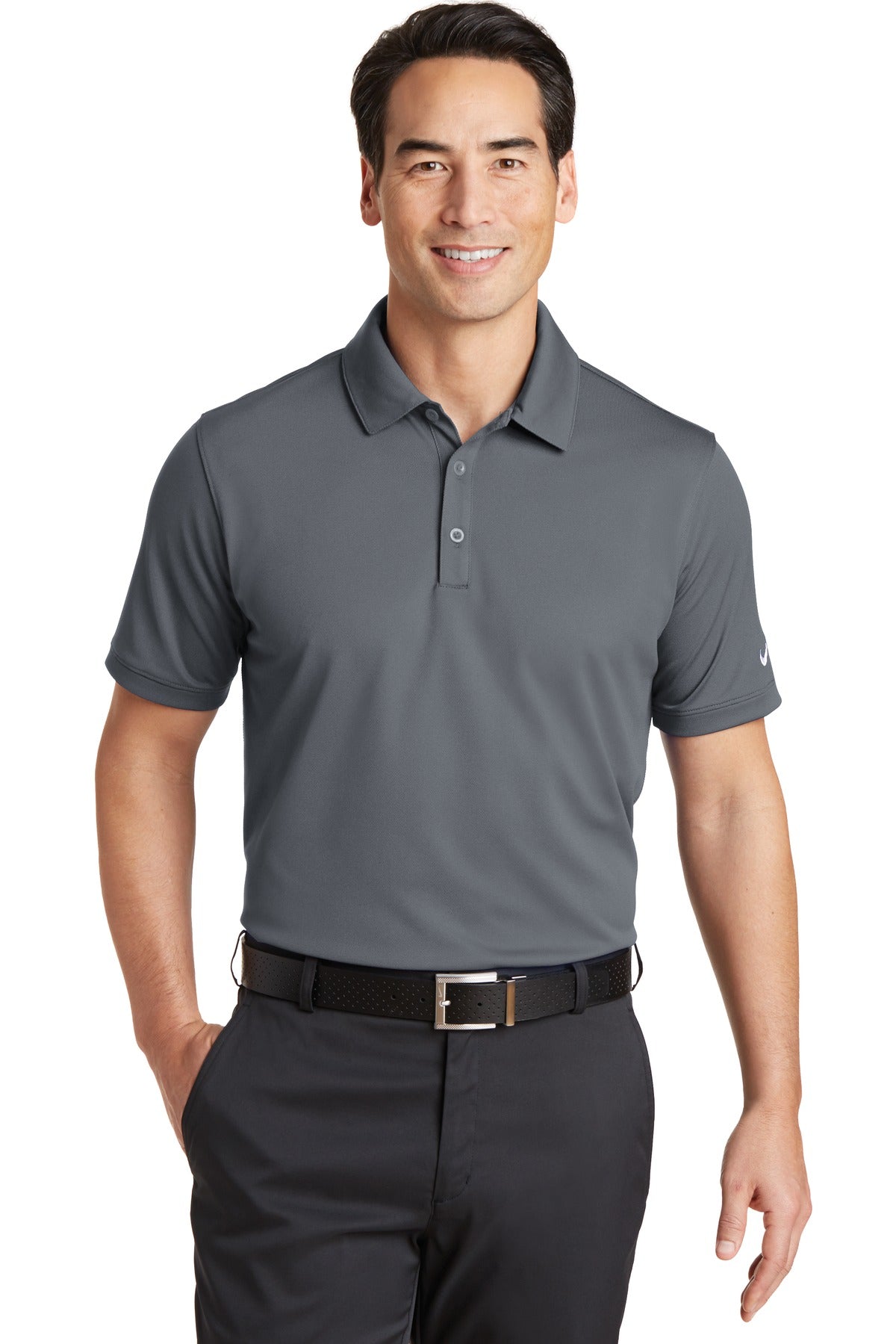 Dark grey Nike Dri-FIT Solid Icon Pique Modern Fit Polo shirt worn by a model, front view showing the Nike logo and pique fabric.