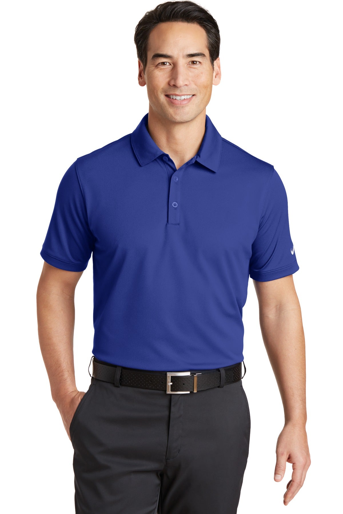 Nike Dri-FIT Solid Icon Pique Modern Fit Polo shirt worn by a model, front view showing classic polo collar and Nike logo.