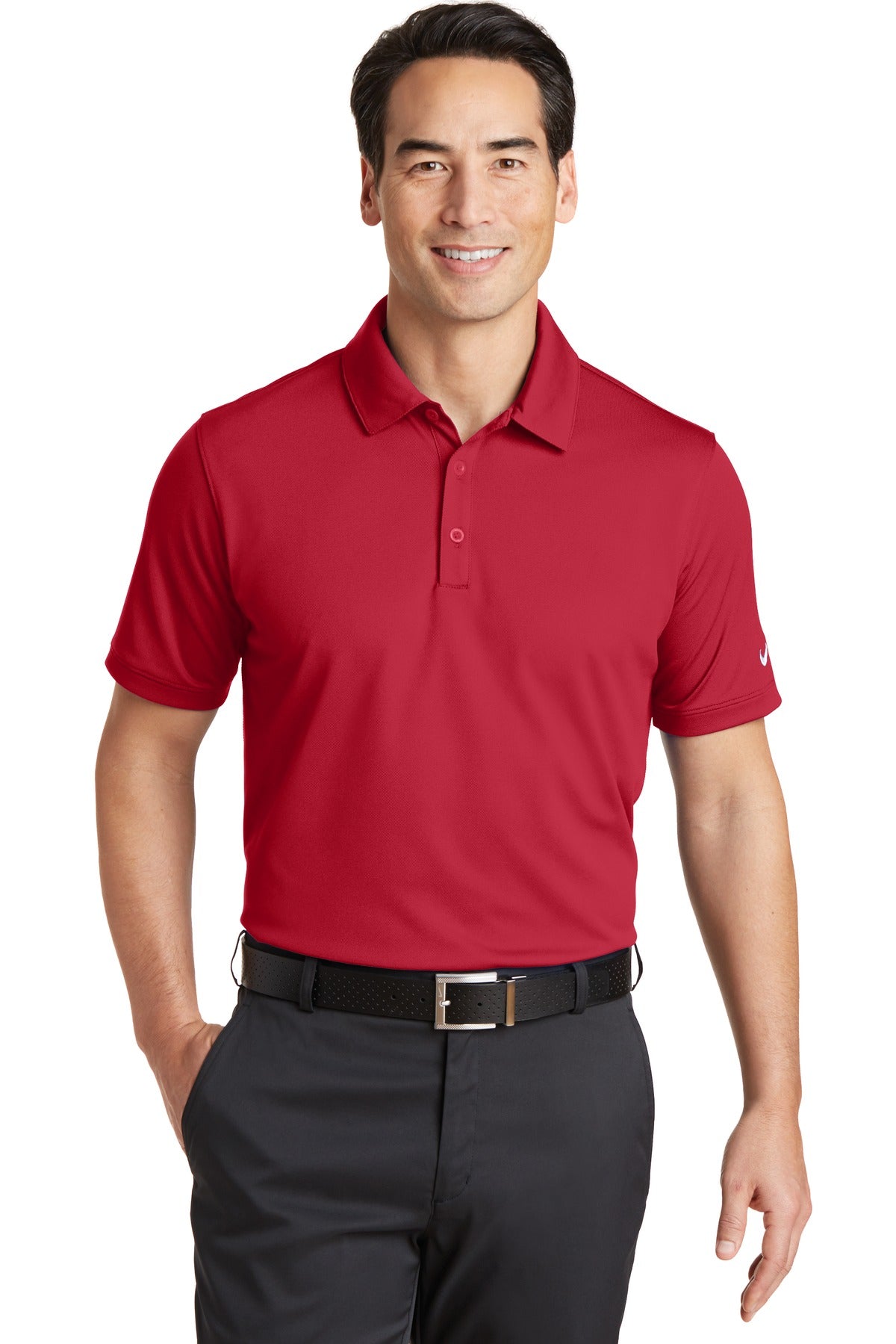 Nike Dri-FIT Solid Icon Pique Modern Fit Polo, front view showing red athletic polo shirt with Nike logo and modern fit design.