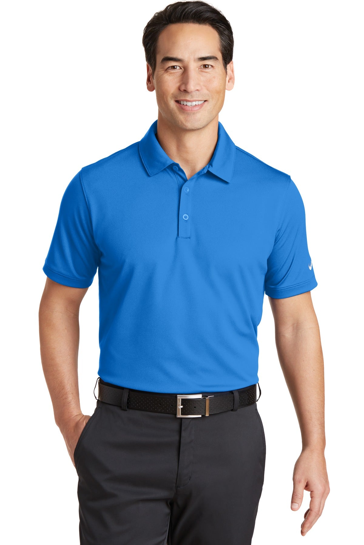 Light blue Nike Dri-FIT Solid Icon Pique Modern Fit Polo shirt shown from the front, featuring a classic collar and Nike logo.