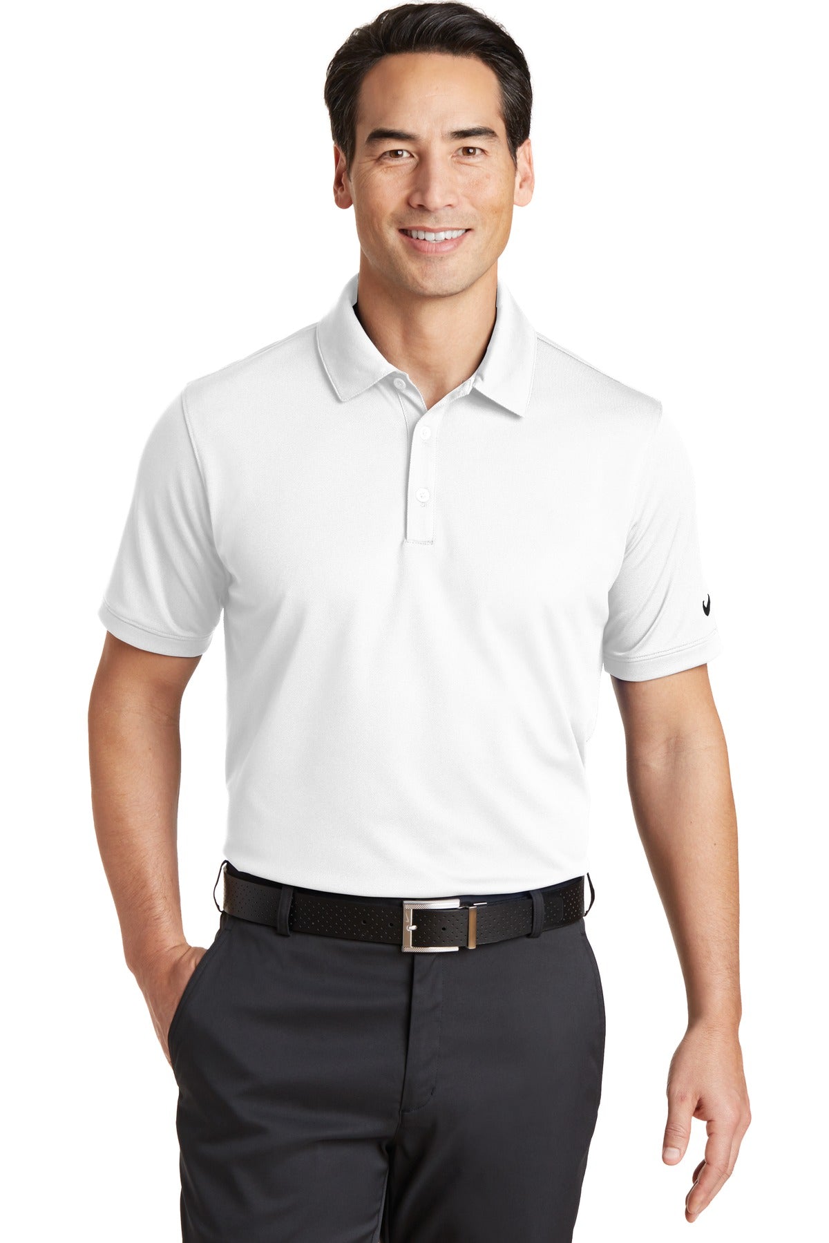 White Nike Dri-FIT Solid Icon Pique Modern Fit Polo shirt worn by a model, showing the front view with Nike logo.