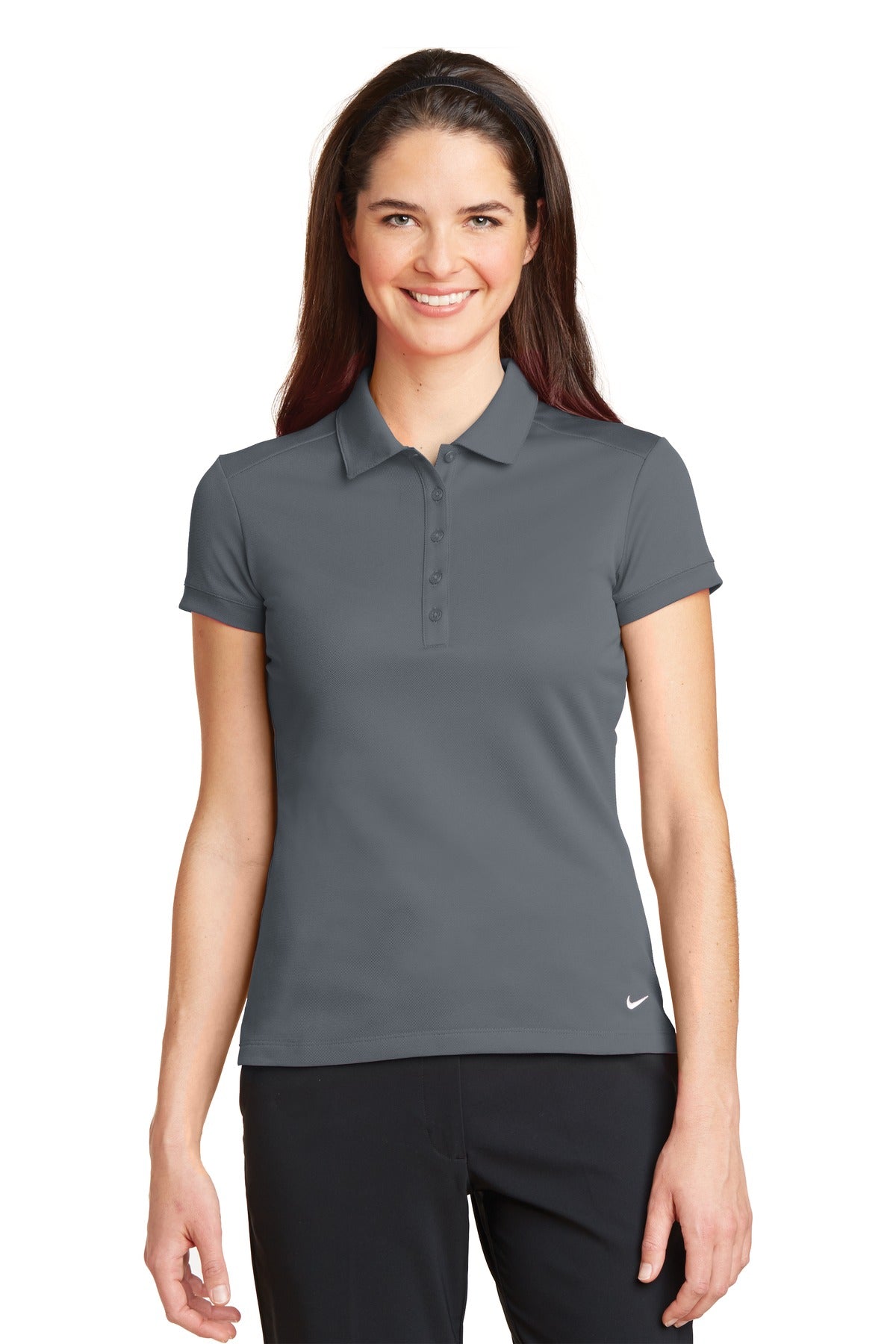 Nike Women's Dri-FIT Solid Icon Pique Modern Fit Polo in dark grey, front view showing the Nike logo and modern collar design.