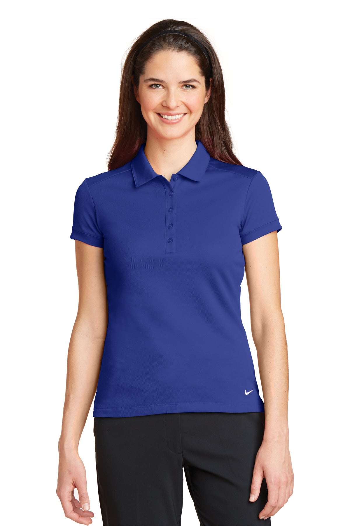 Nike Women's Dri-FIT solid icon pique polo shirt, modern fit with a front view, navy color, lightweight athletic fabric.
