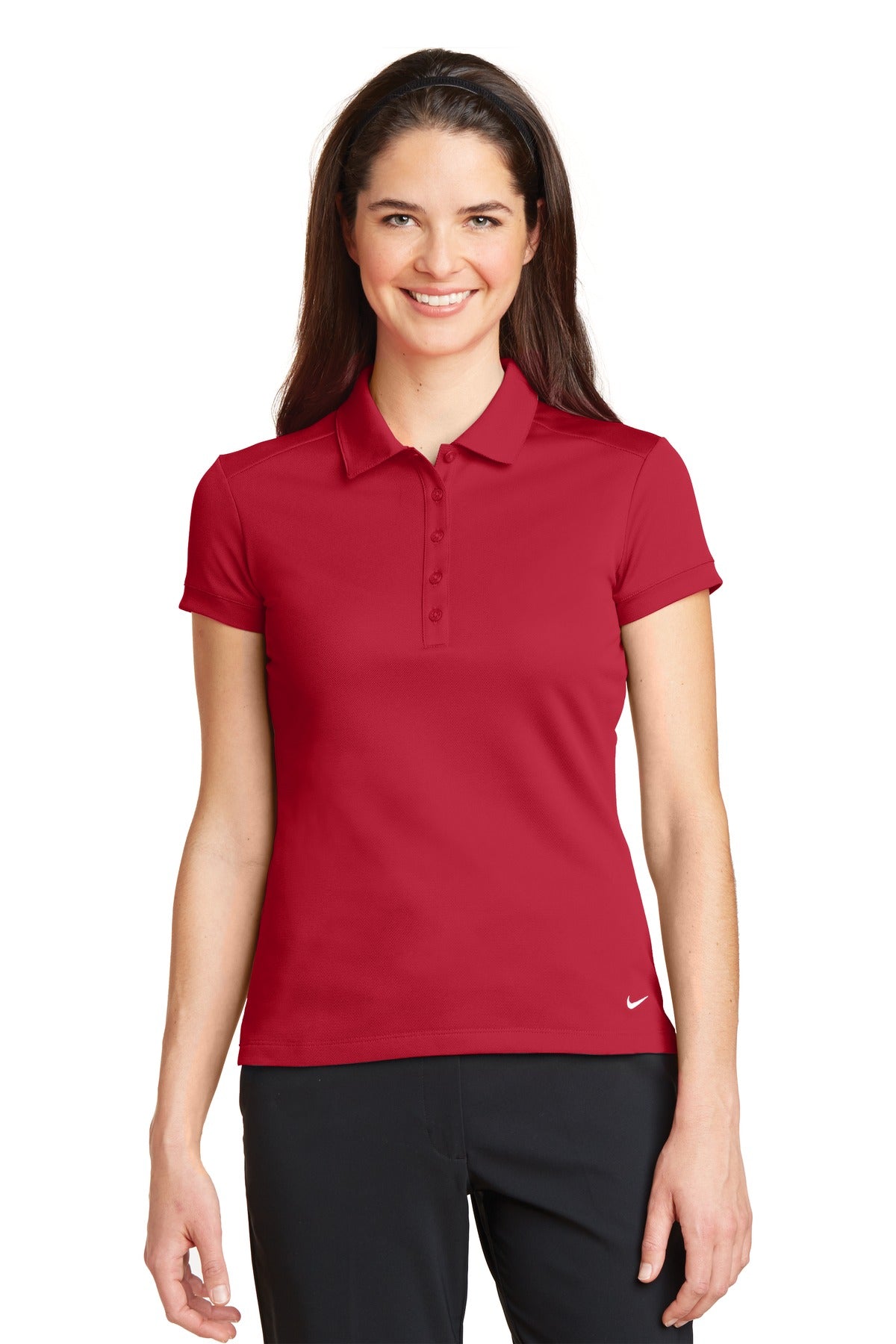 Nike Women's Dri-FIT Solid Icon Pique modern fit polo, red with a collar and Nike logo, worn by a female model.