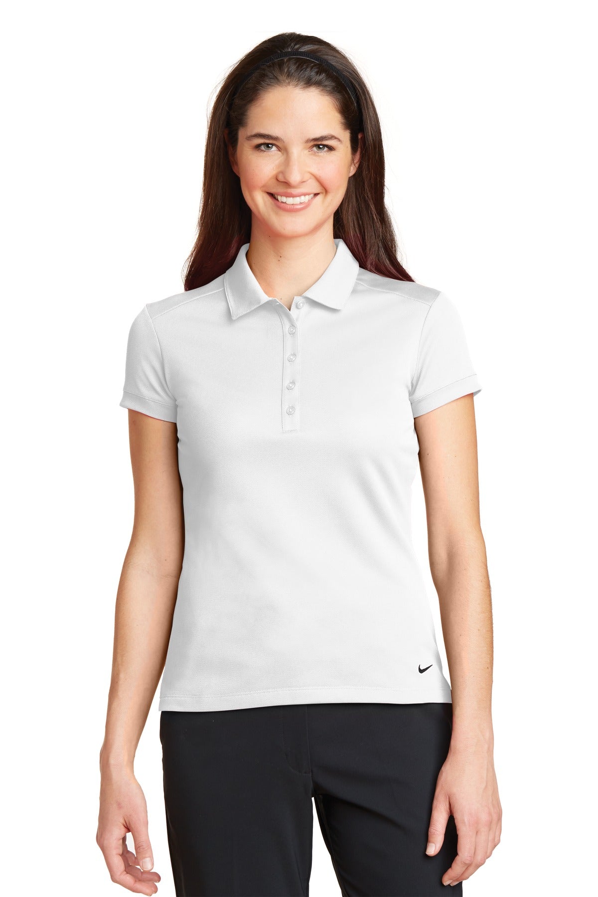 White Nike Women's Dri-FIT Solid Icon Pique Modern Fit Polo shirt worn by a model, front view showing classic collar and fit.