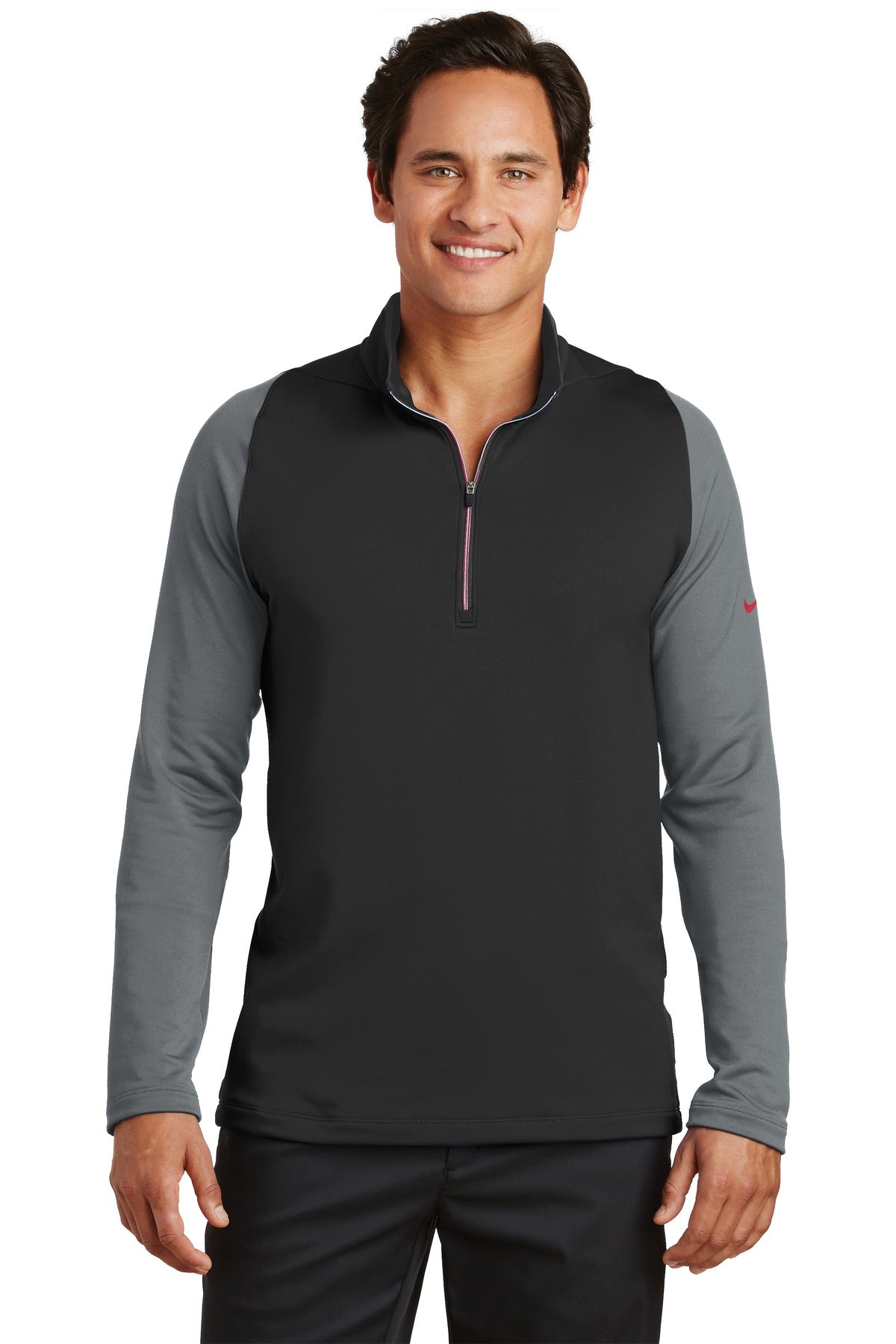 Nike Dri-FIT Stretch 1/2-Zip Cover-Up in black, dark grey, and gym red, front view showing lightweight athletic fabric and zip closure.