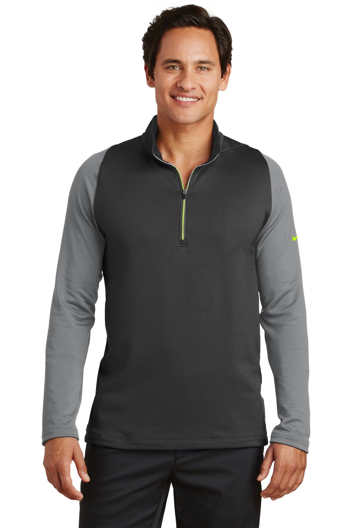 Nike Dri-FIT Stretch 1/2-Zip Cover-Up in black and dark grey, front view showing lightweight athletic fabric and 1/2-zip design