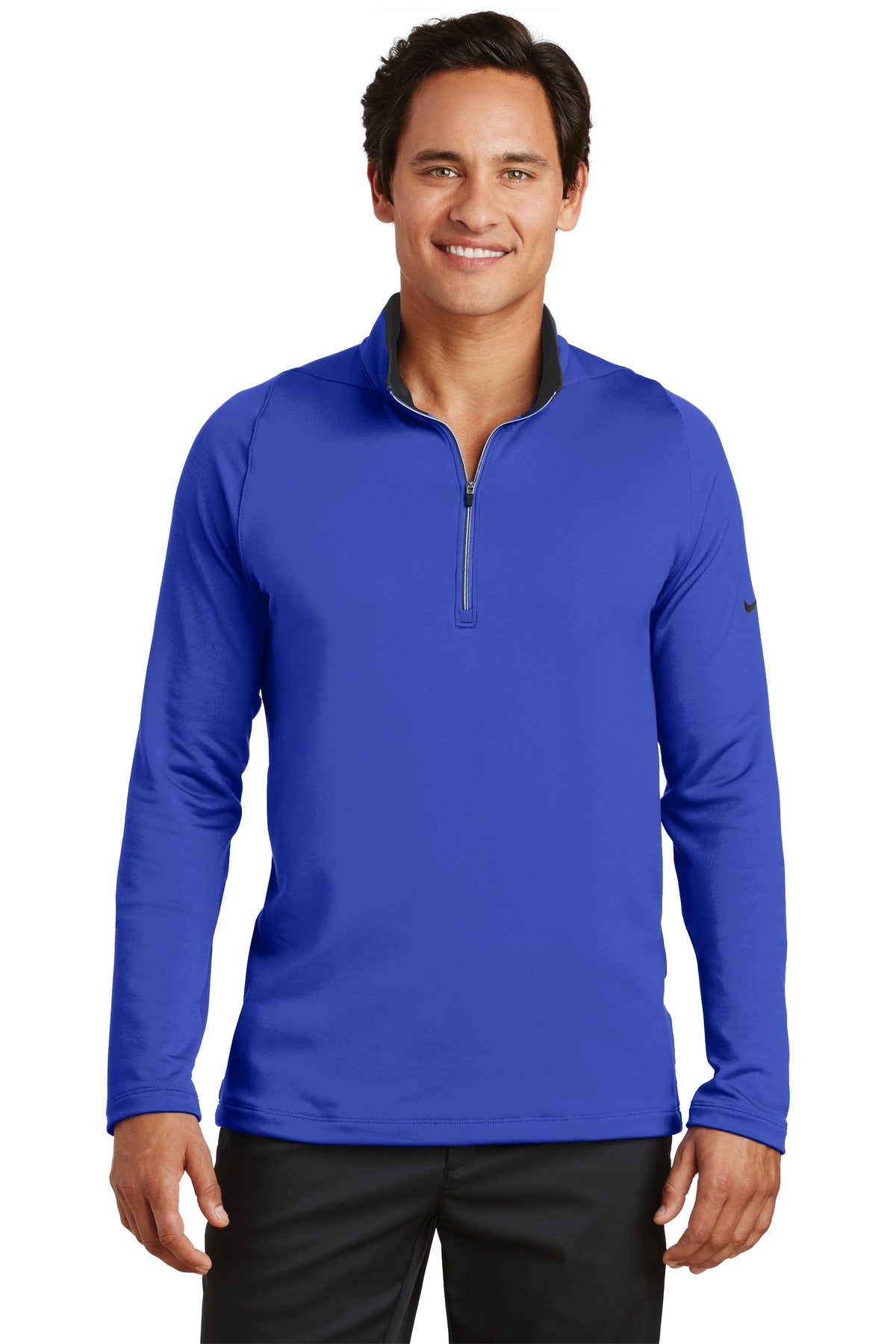 Nike Dri-FIT Stretch 1/2-Zip Cover-Up in deep royal blue and black, front view showing lightweight, moisture-wicking athletic apparel.