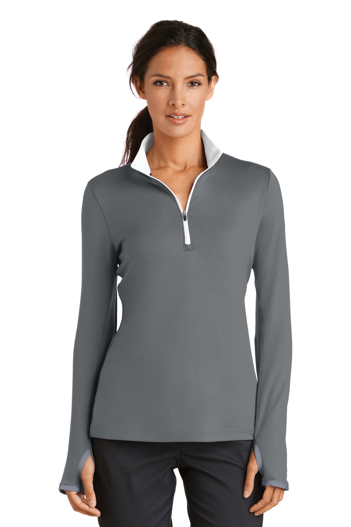 Nike Women's Dri-FIT Stretch 1/2-Zip Cover-Up in dark grey and white, front view showing lightweight athletic fabric.