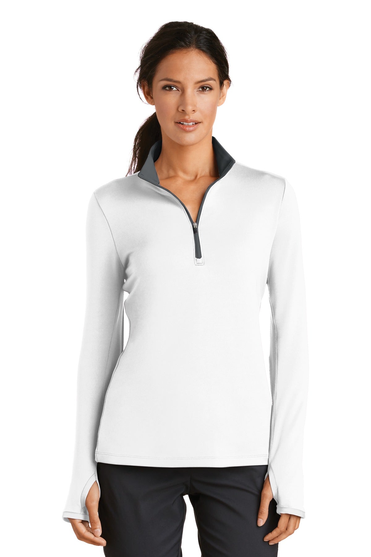 Nike Women's Dri-FIT Stretch 1/2-Zip Cover-Up in white and dark grey, front view showing lightweight athletic fabric and design.