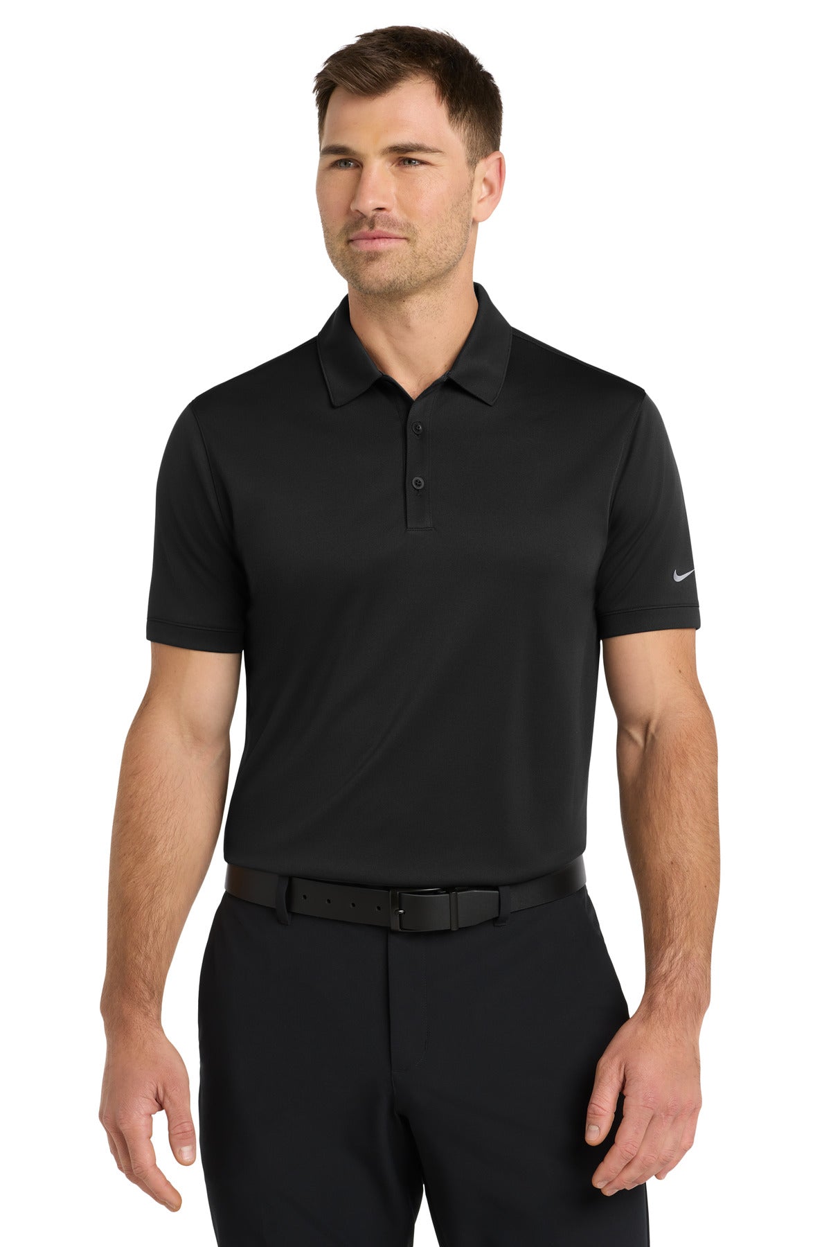 Black Nike Dri-FIT Players Modern Fit Polo shirt on a male model, front view showing the athletic fit and breathable fabric.