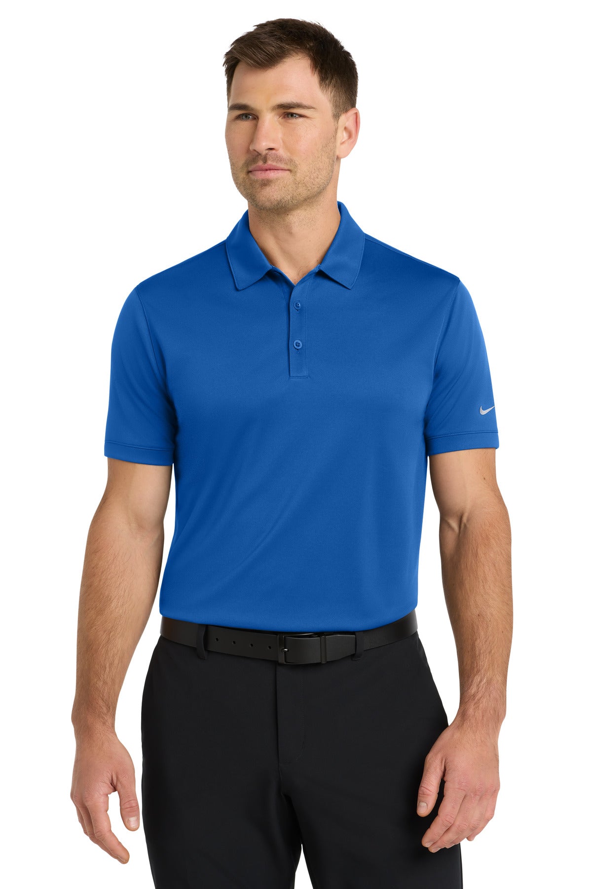 Nike Dri-FIT Players Modern Fit Polo in gym blue, front view on a model, showcasing athletic fit and breathable fabric.