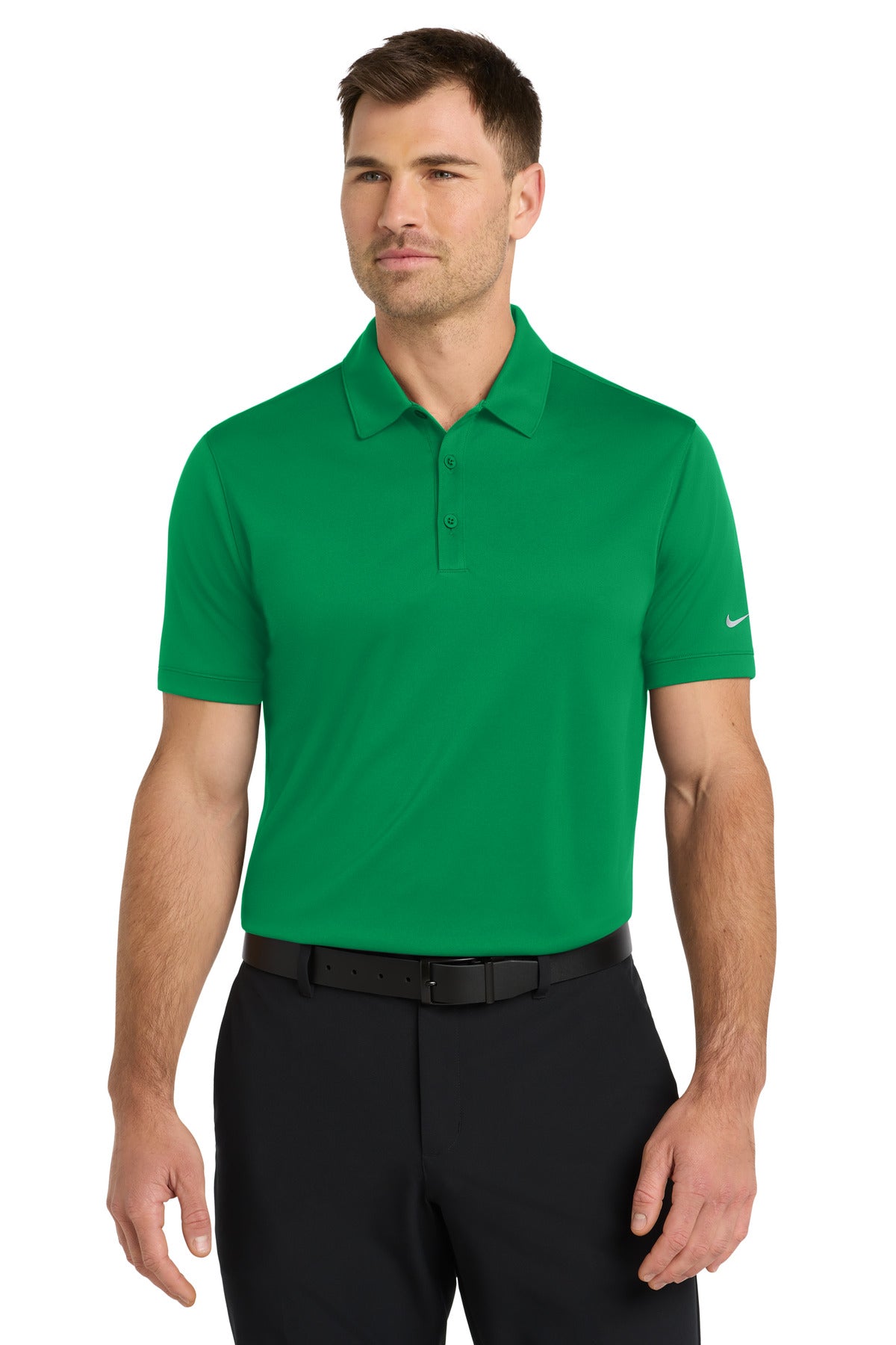 Nike Dri-FIT Players Modern Fit Polo in pine green, front view showing breathable fabric and sporty design.