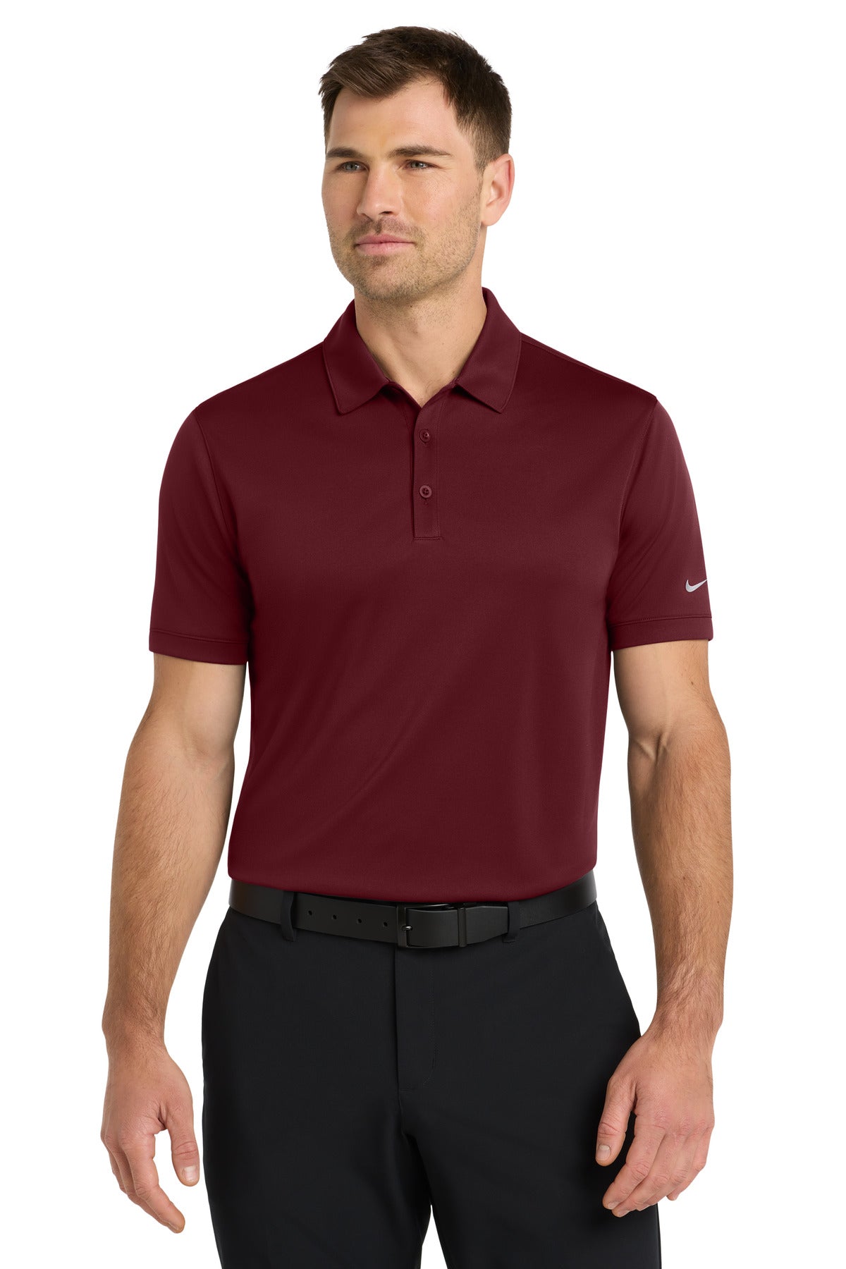Nike Dri-FIT Players Modern Fit Polo in team red, front view showing breathable fabric and classic polo collar.