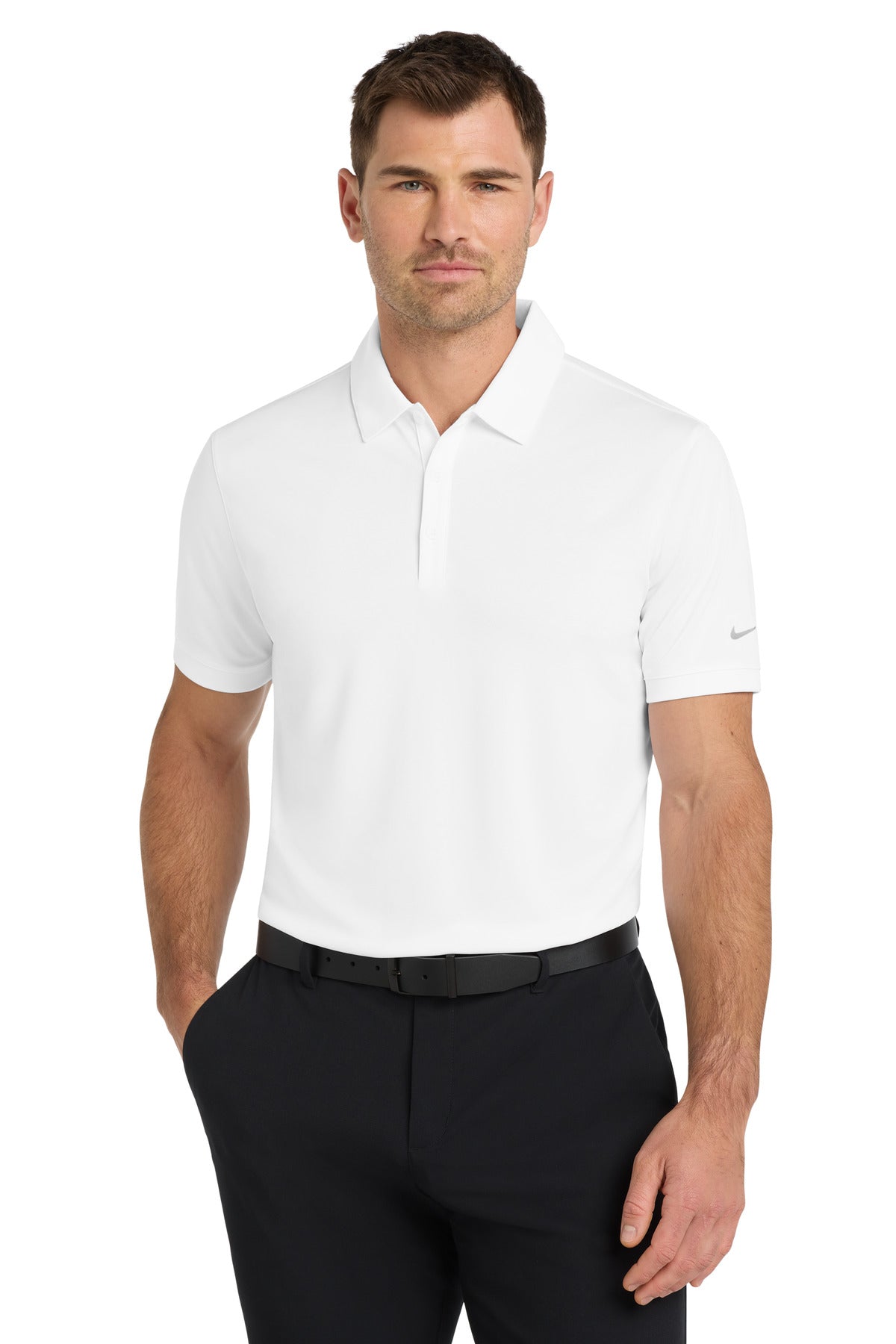 White Nike Dri-FIT Players Modern Fit Polo shirt on a model, front view showing athletic fit and breathable fabric.