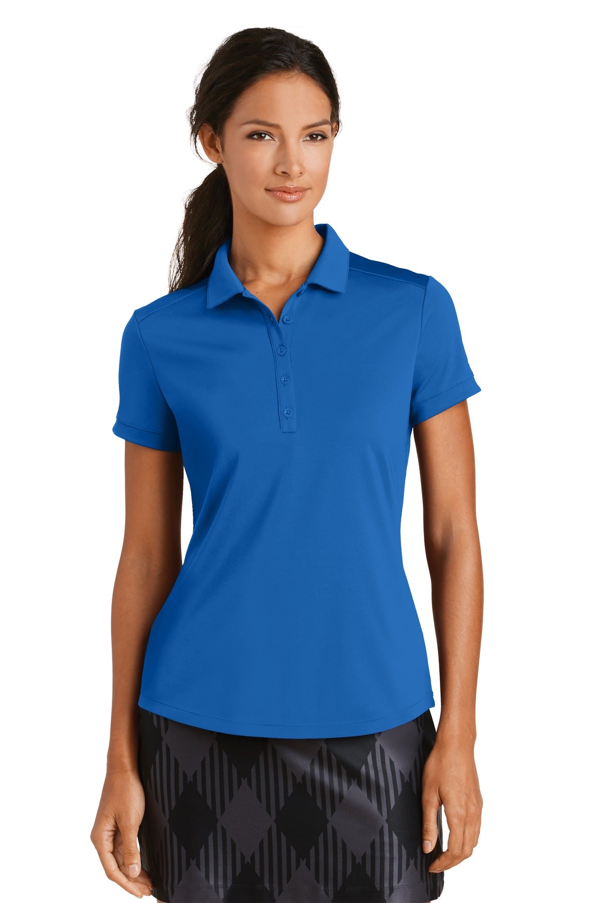 Nike Women's Dri-FIT Players Modern Fit Polo in gym blue, front view showing breathable fabric and sleek athletic design.