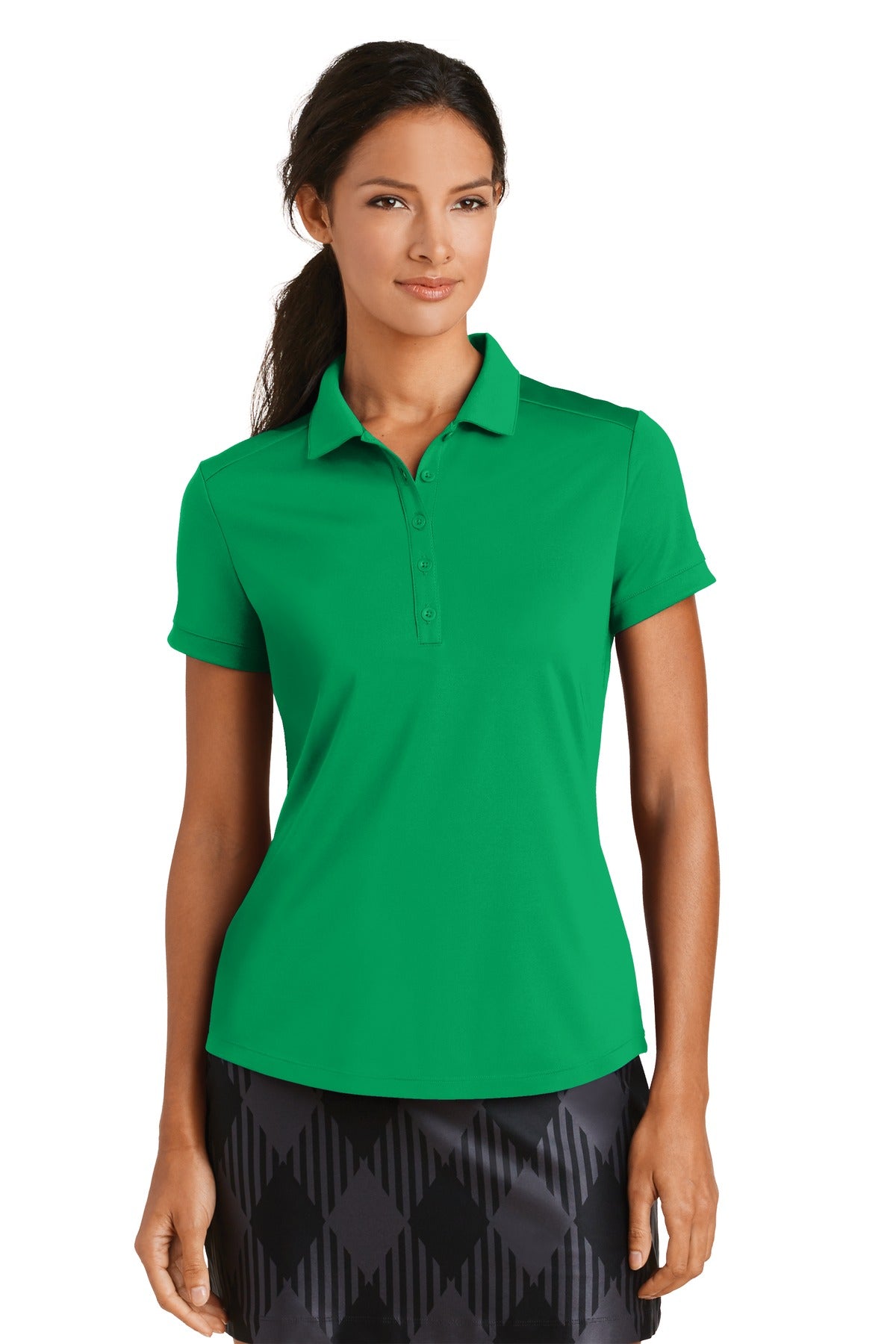 Nike Women's Dri-FIT Players Modern Fit Polo in pine green, front view showing breathable fabric and polo collar.