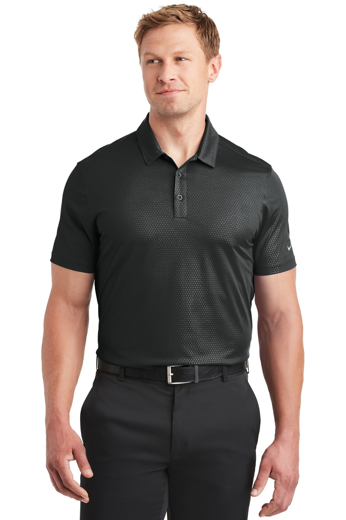 Black Nike Dri-FIT Embossed Tri-Blade Polo shirt shown from the front, featuring textured embroidery and a classic collar.
