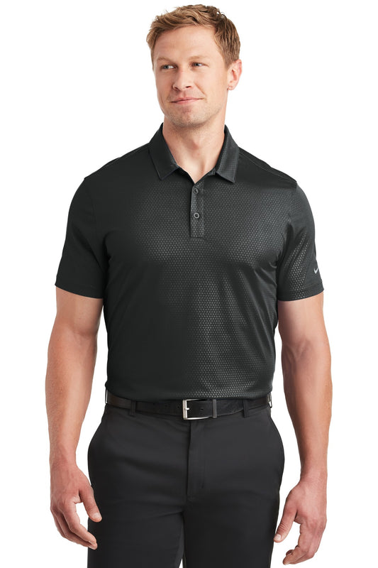 Black Nike Dri-FIT Embossed Tri-Blade Polo shirt shown from the front, featuring textured embroidery and a classic collar.