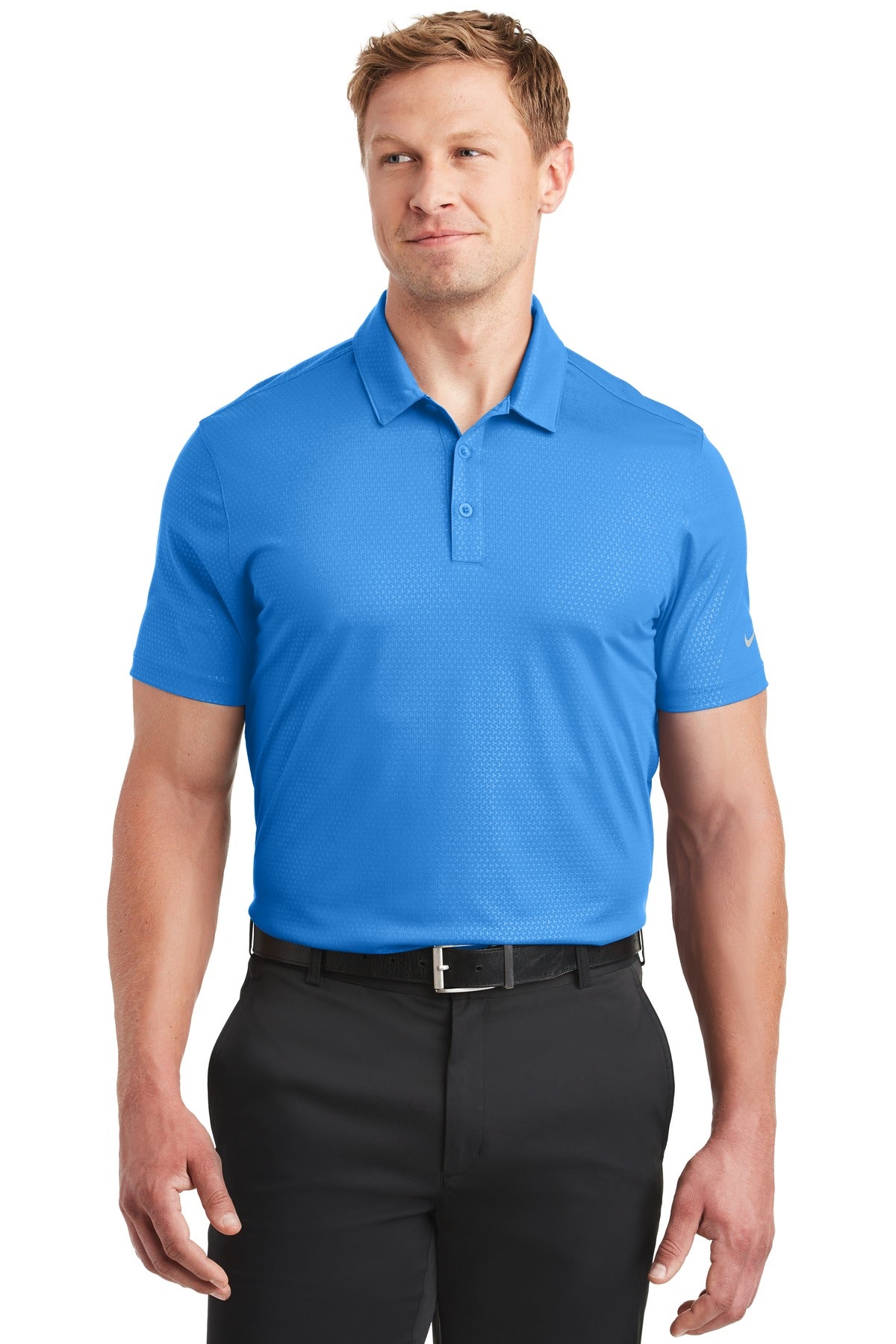Nike Dri-FIT Embossed Tri-Blade Polo in brisk blue, front view showing textured fabric and classic polo collar.