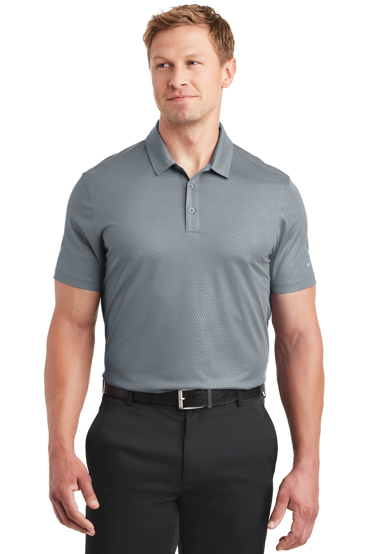 Nike Dri-FIT Embossed Tri-Blade Polo in cool grey, front view showing textured fabric and classic fit.
