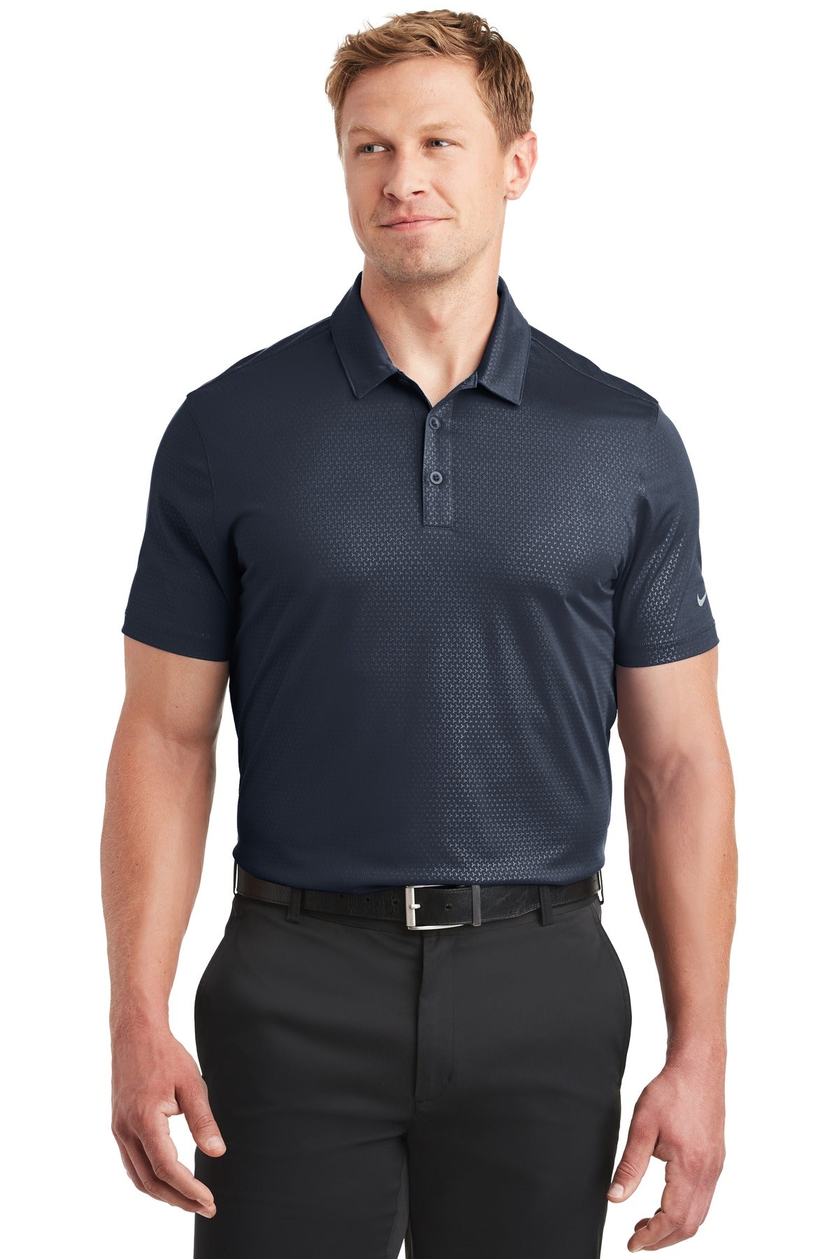 Nike Dri-FIT Embossed Tri-Blade Polo in marine color, front view showing textured fabric and tri-blade logo detail.