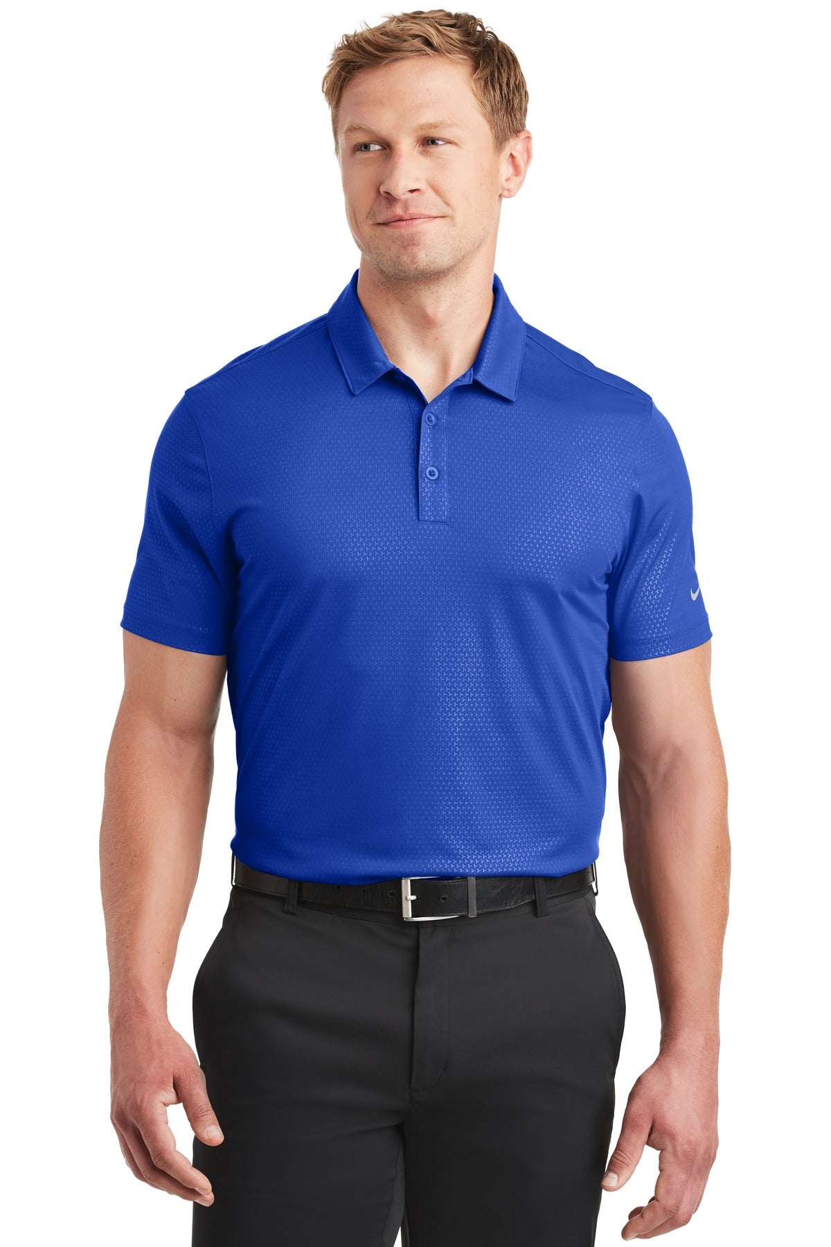 Nike Dri-FIT Embossed Tri-Blade Polo in old royal color, front view showing textured fabric and tri-blade logo detail.