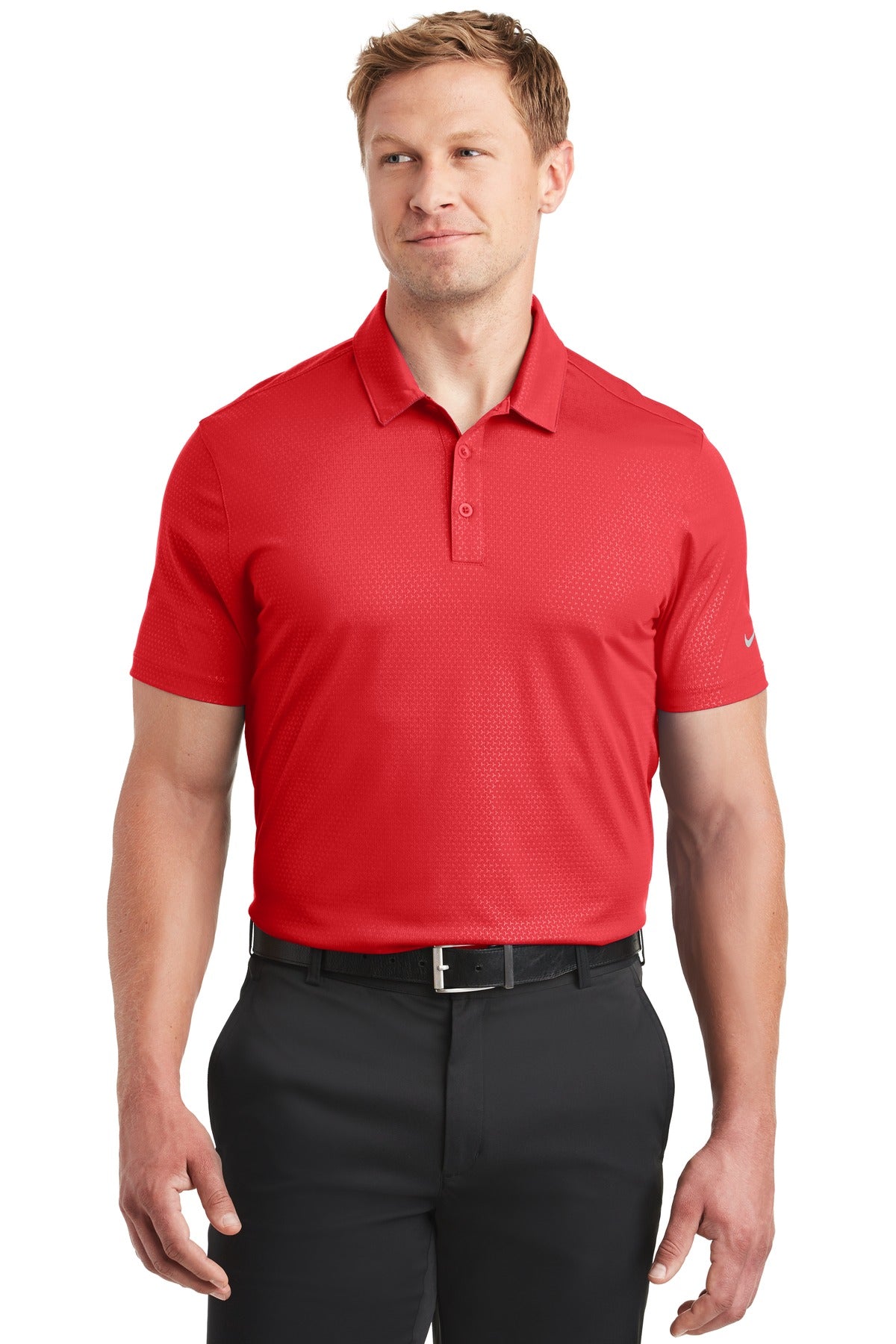 Nike Dri-FIT Embossed Tri-Blade Polo in university red, front view showing textured fabric and tri-blade logo.