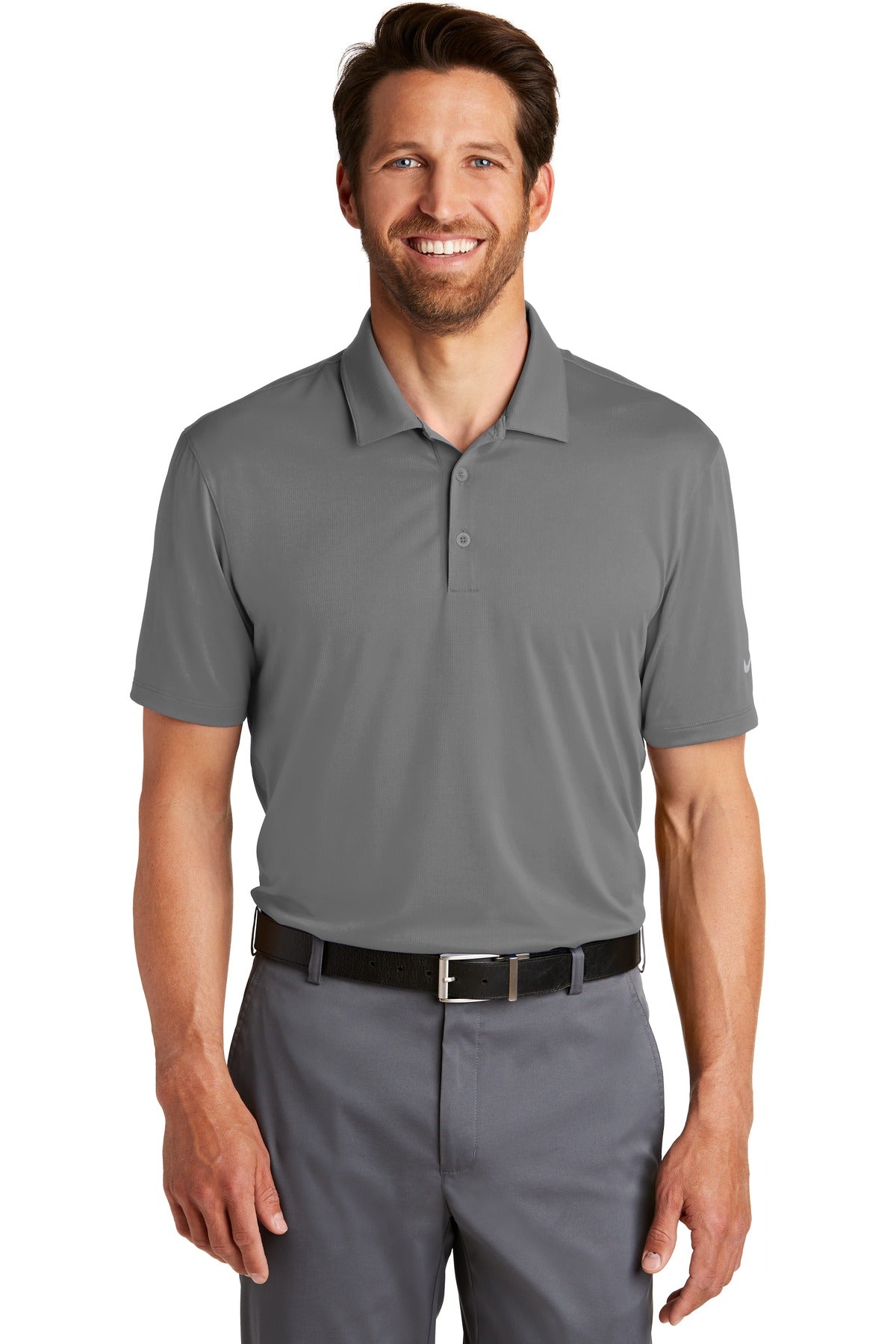 Nike Dri-FIT Legacy Polo in dark grey, front view showing breathable fabric and classic polo design.
