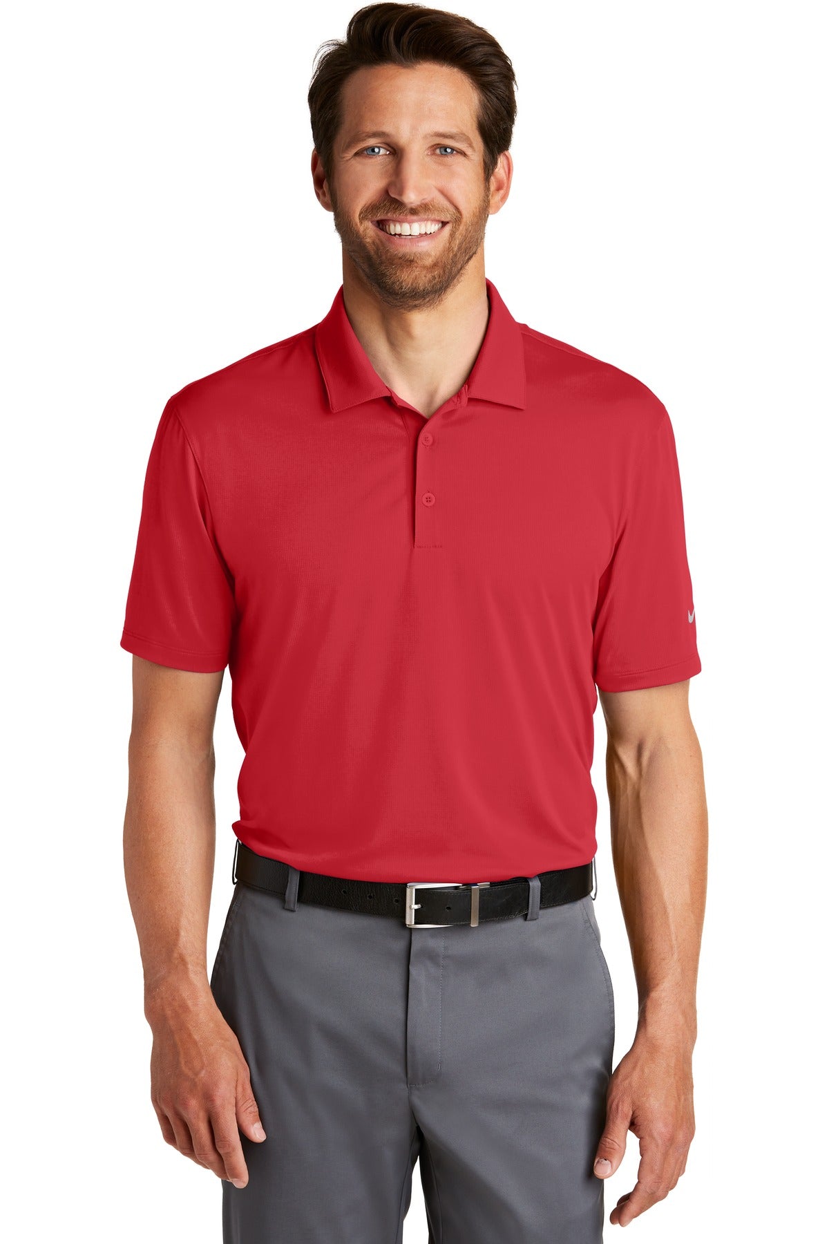Nike Dri-FIT Legacy Polo in gym red, front view showing breathable fabric and classic polo design for athletic comfort.
