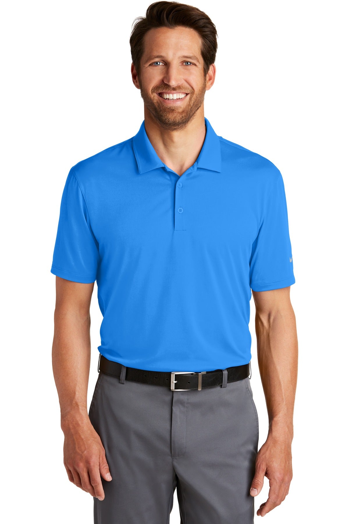 Nike Dri-FIT Legacy Polo in light photo blue, front view showing breathable fabric and classic polo collar.