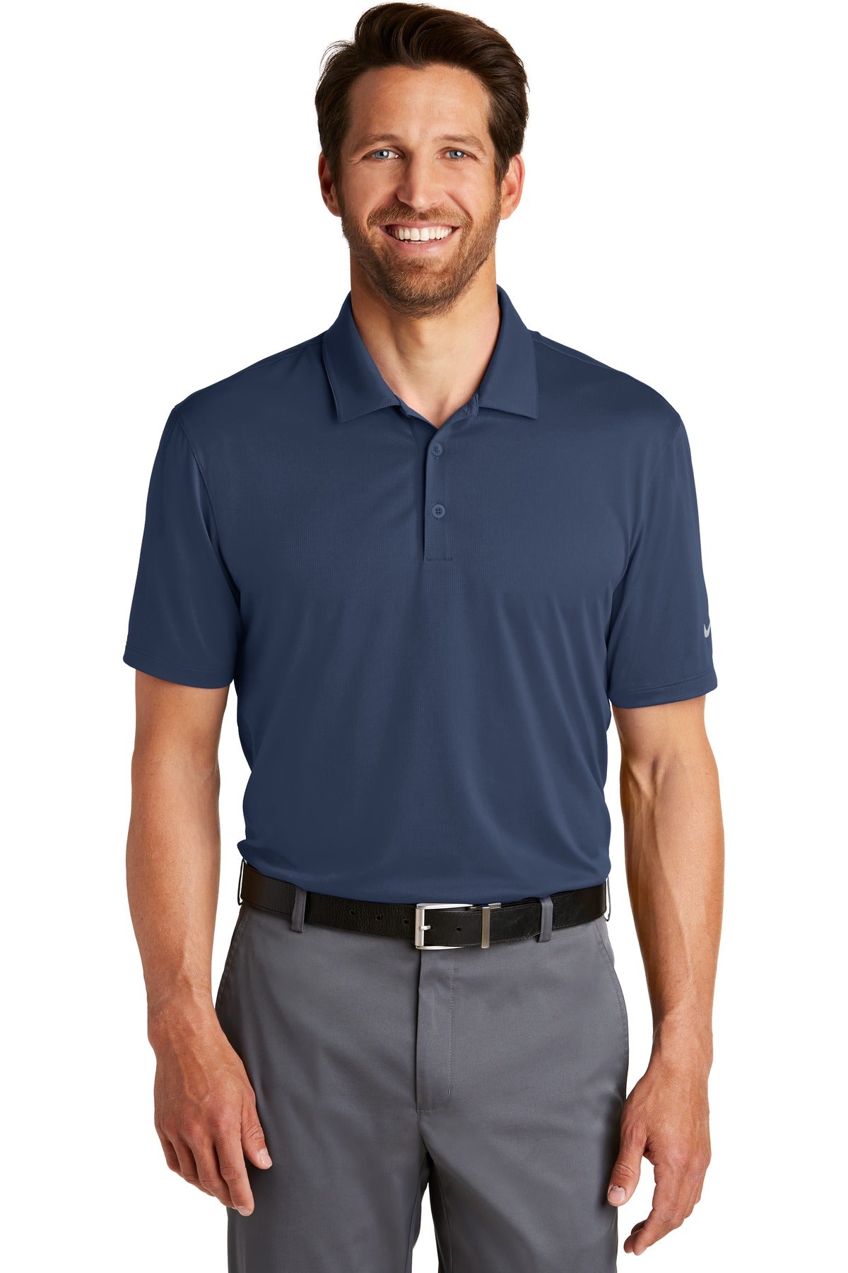 Nike Dri-FIT Legacy Polo in midnight navy, front view showing breathable fabric, classic collar, and Nike logo on chest.