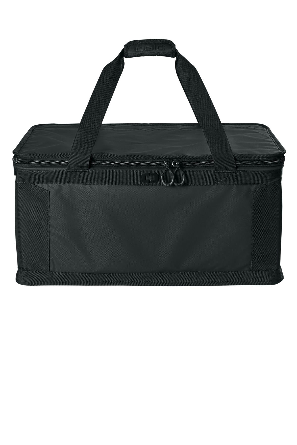 OGIO Gear Mega Cube 90000 black travel bag with front zipper pocket and durable handles for organized packing and easy carrying.