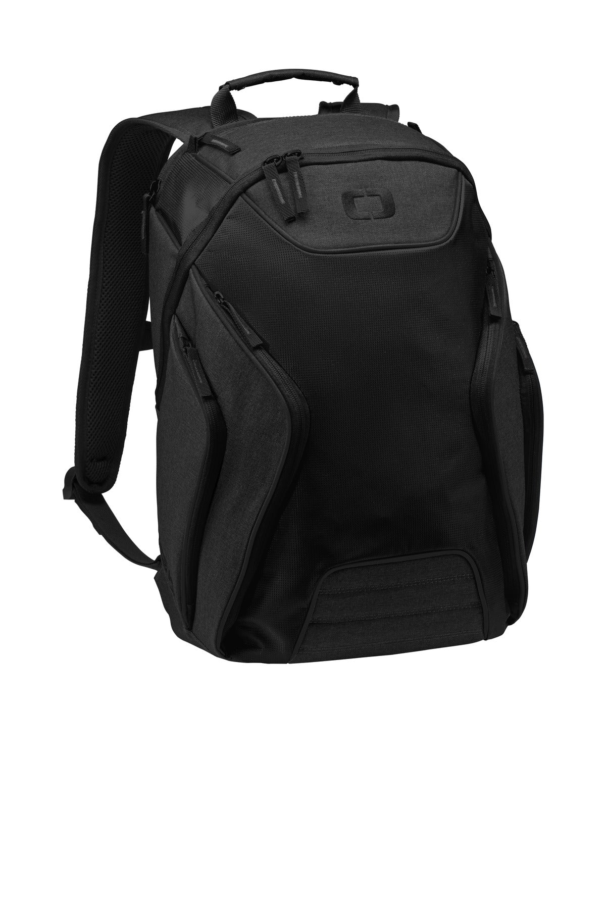 OGIO Hatch Pack in black heather gray with flat front design, showing the versatile, stylish backpack with multiple compartments.