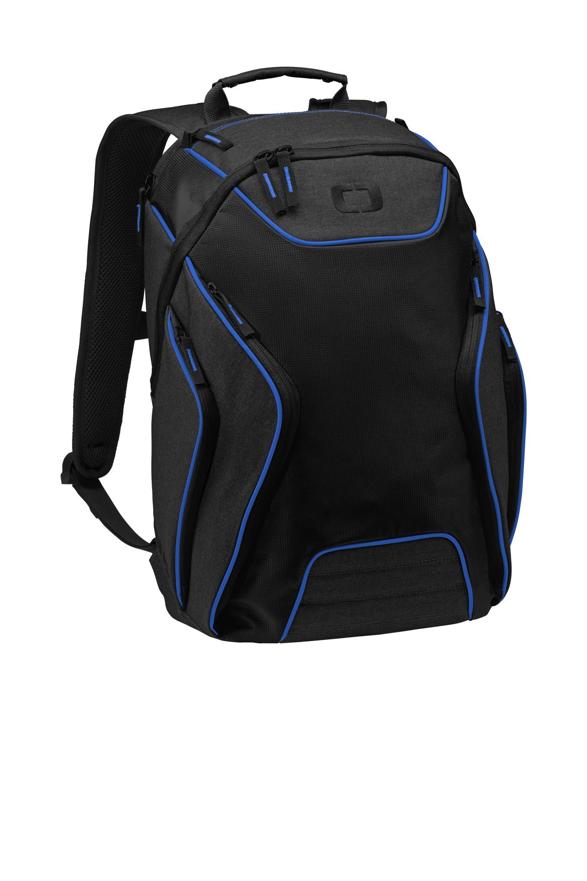 OGIO Hatch Pack in electric blue and heather gray with a flat front view, showcasing its sleek design and multiple compartments.