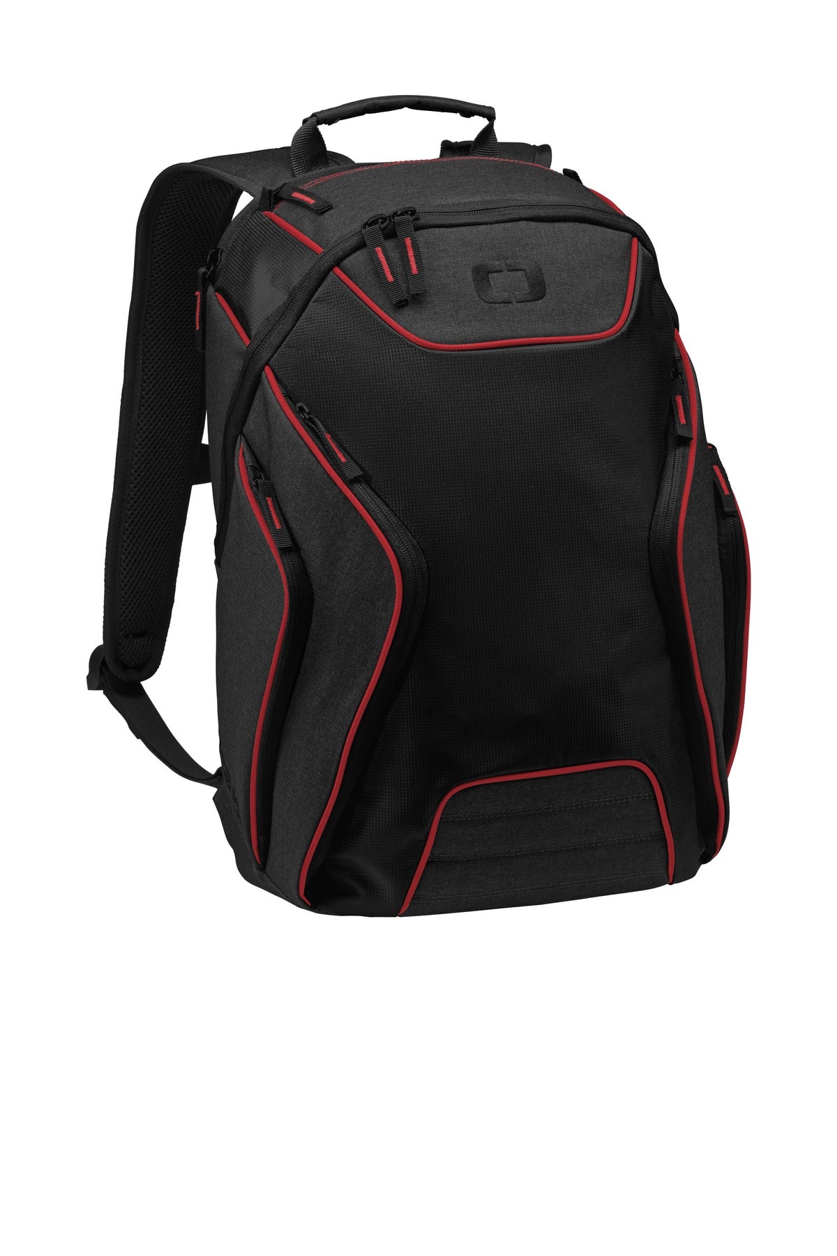 OGIO Hatch Pack in laser red heather grey, showing the flat front view with multiple compartments and adjustable shoulder straps.