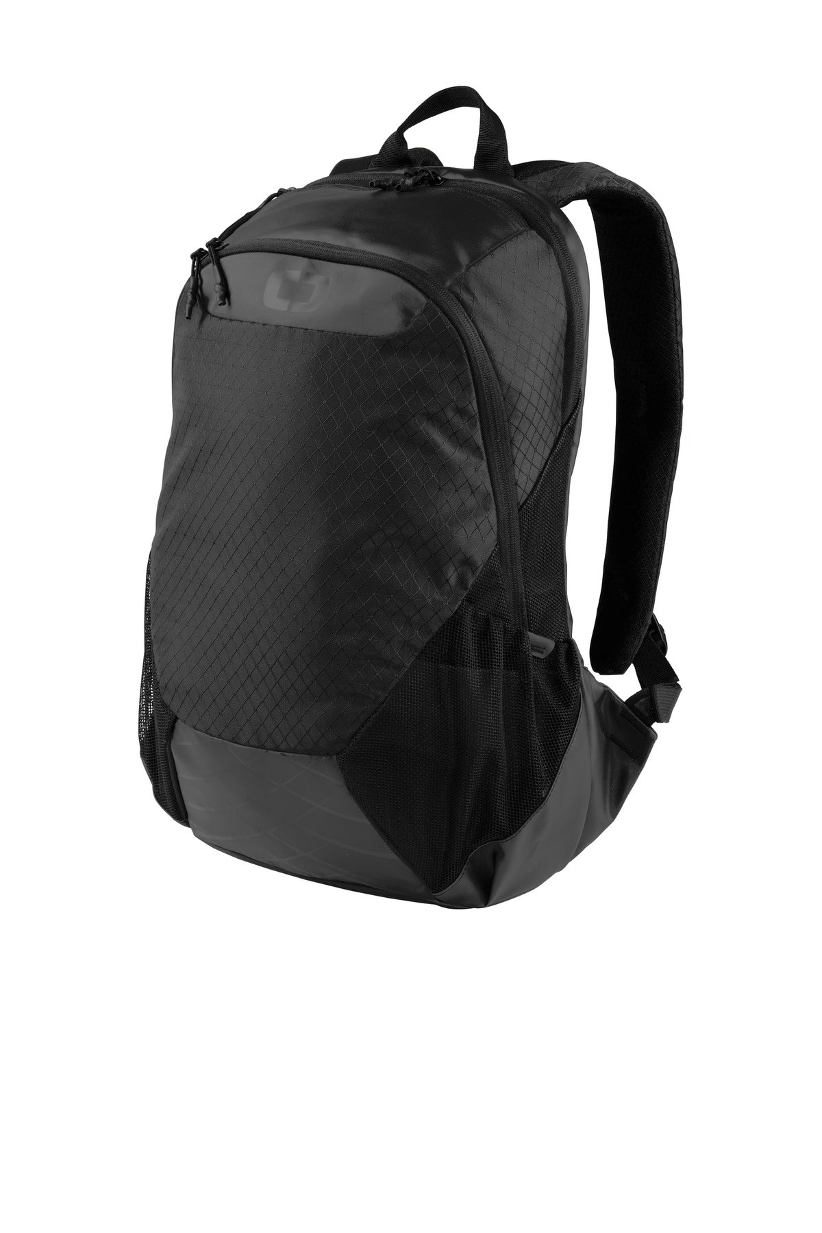 Black OGIO Basis Pack 91003 with flat front design, featuring multiple compartments and padded shoulder straps for comfortable carrying.