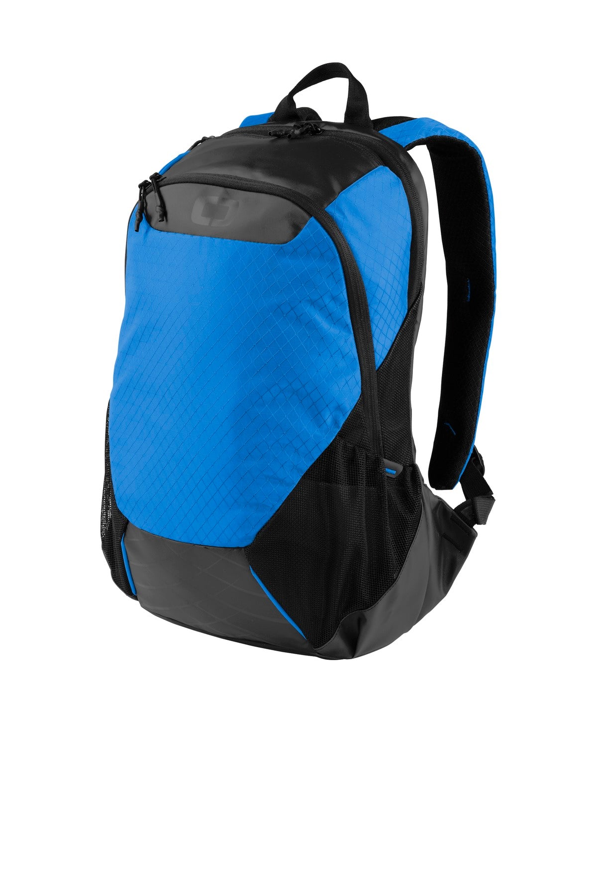 OGIO Basis Pack in cobalt blue, flat front view showcasing durable backpack with multiple compartments and padded shoulder straps.