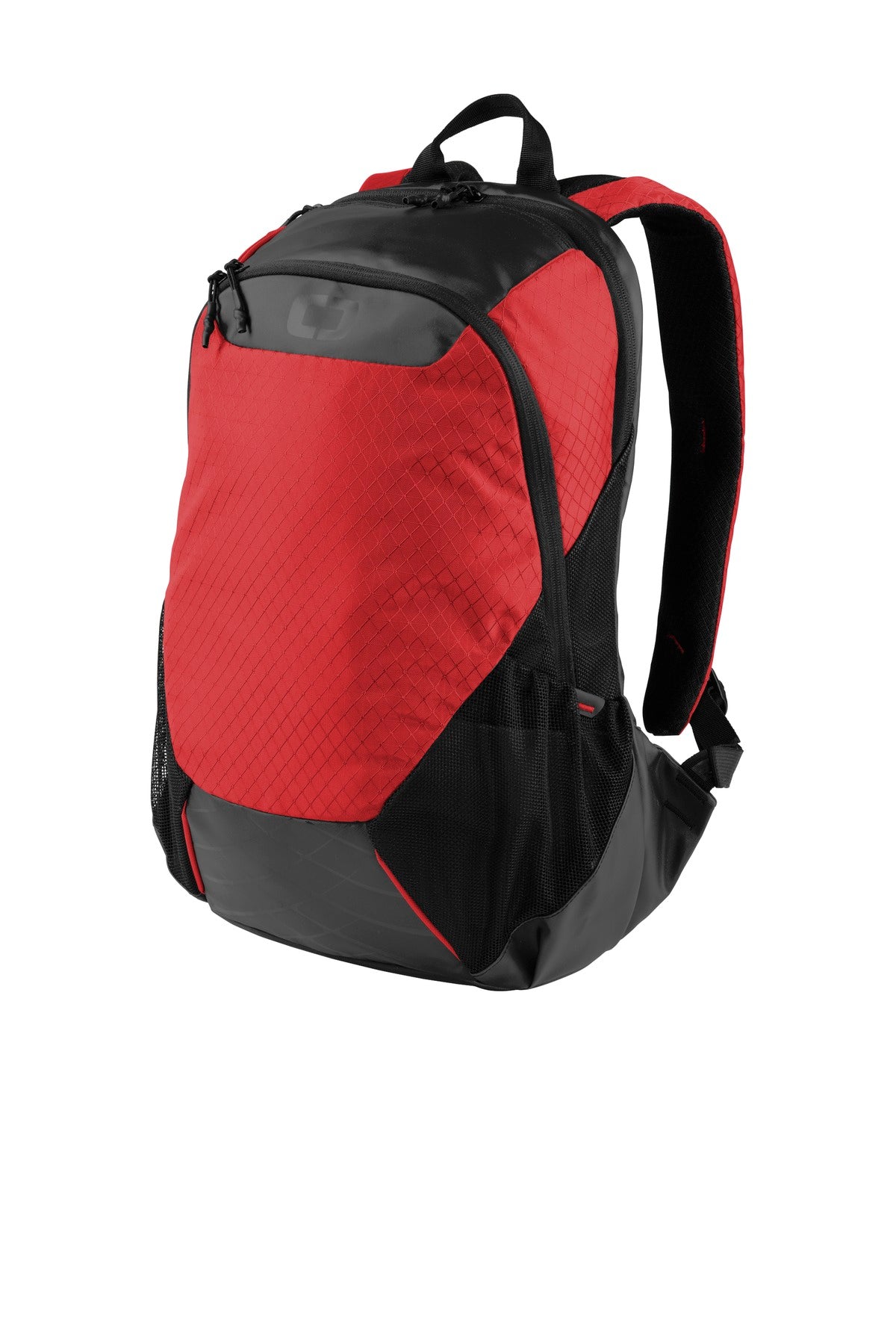 OGIO Basis Pack in ripped red color, front view showing sleek design and durable fabric. Perfect for travel and everyday use.