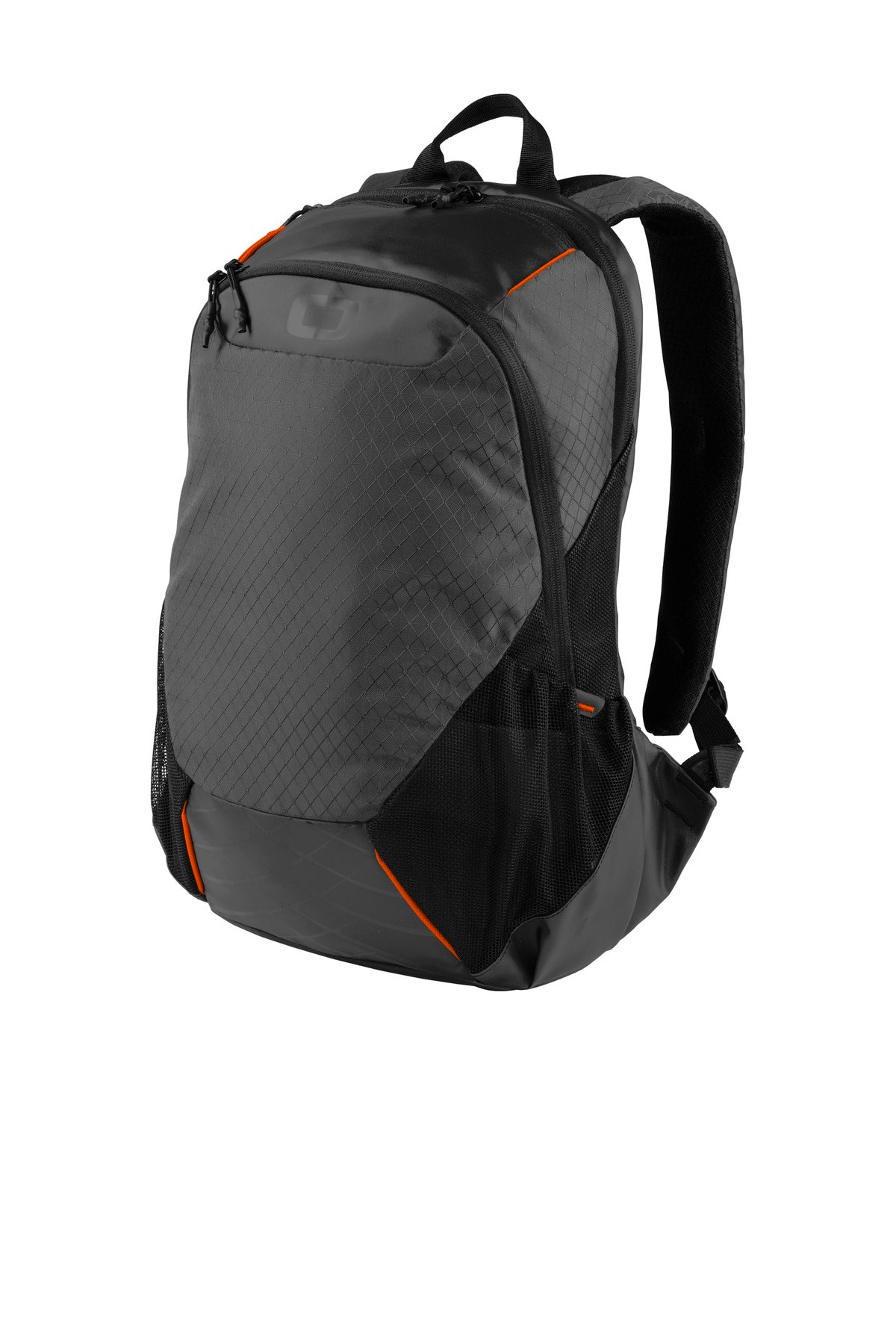 OGIO Basis Pack in Tarmac Orange with flat front view, showcasing its sleek design and adjustable shoulder straps.