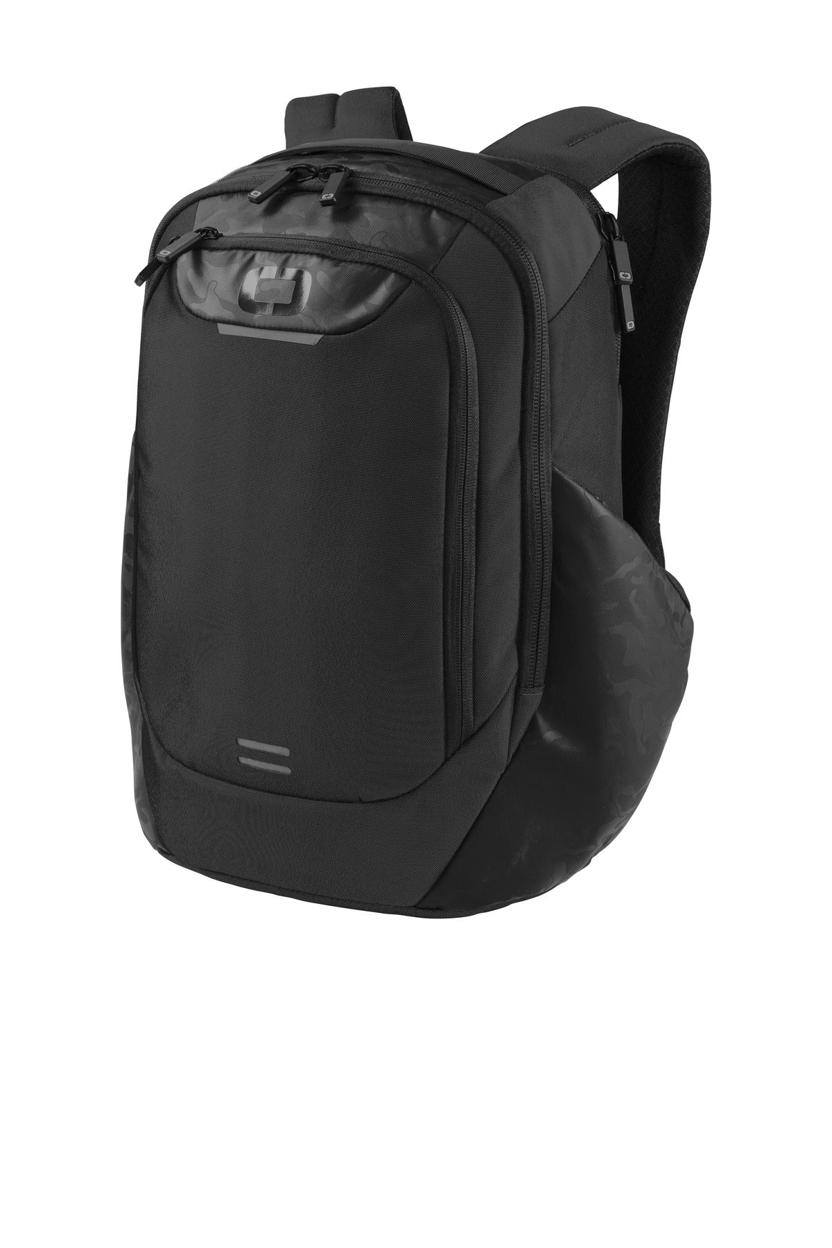 OGIO Monolithic Pack in black, showing a flat front view with multiple compartments and sleek design for travel or daily use.
