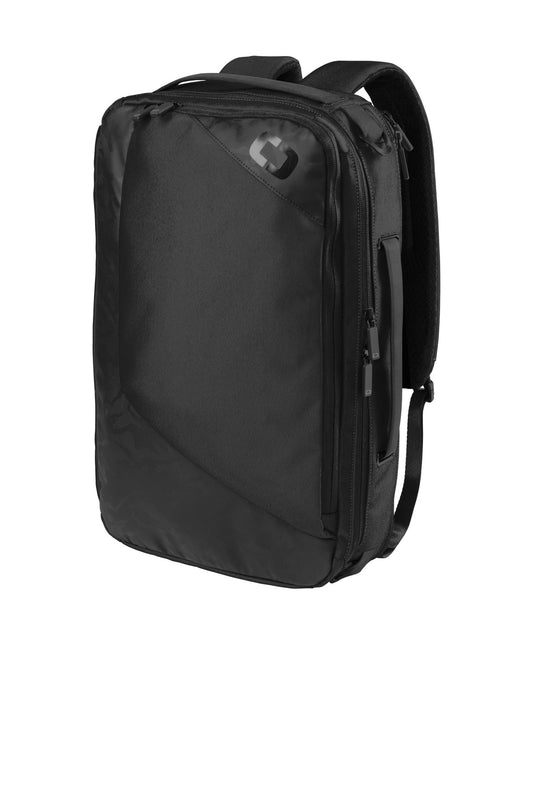 OGIO Convert Pack in black, flat front view showing adjustable straps and multiple compartments for versatile travel and daily use.