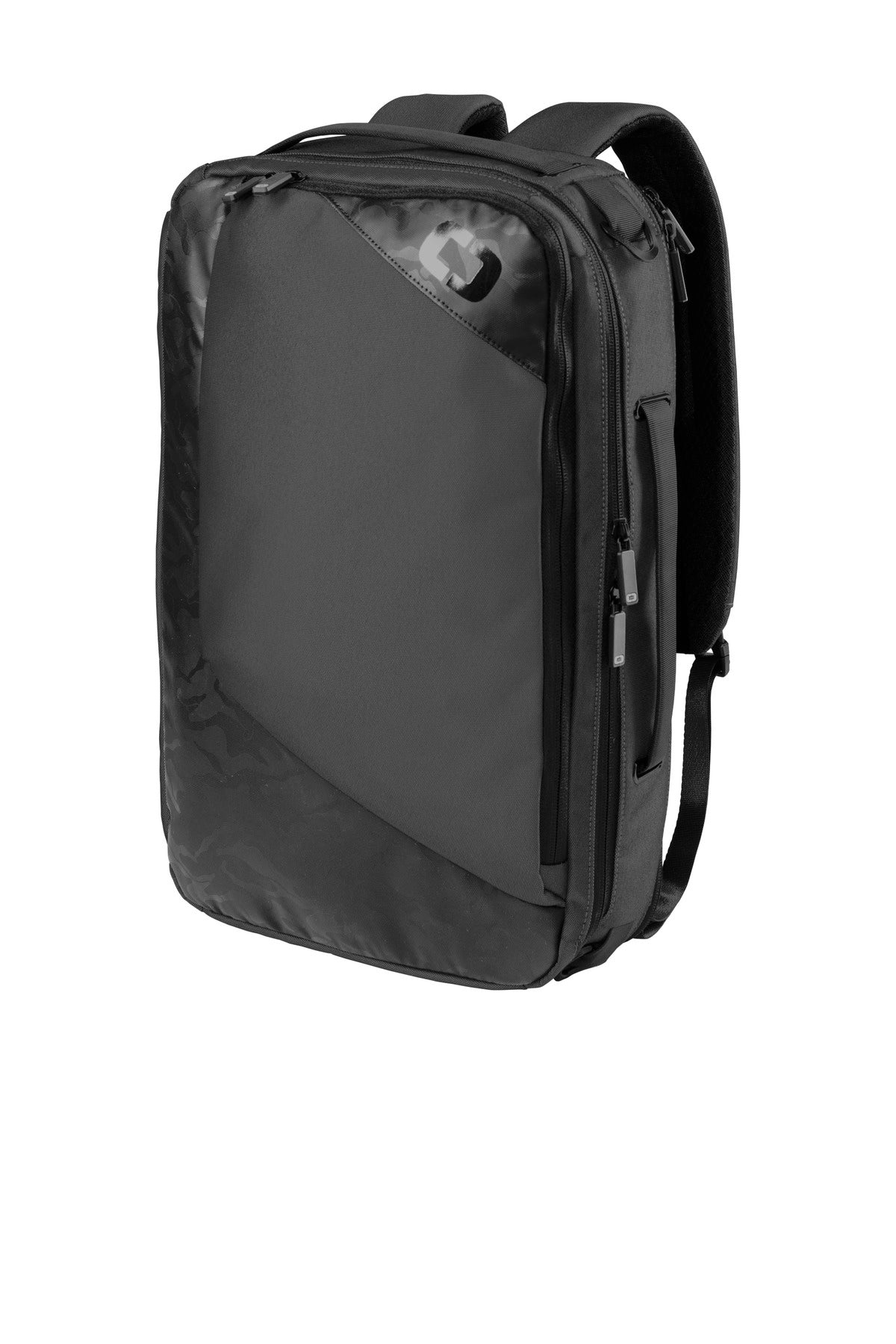 OGIO Convert Pack 91005 with a flat front design, featuring multiple compartments and adjustable straps for versatile carrying.