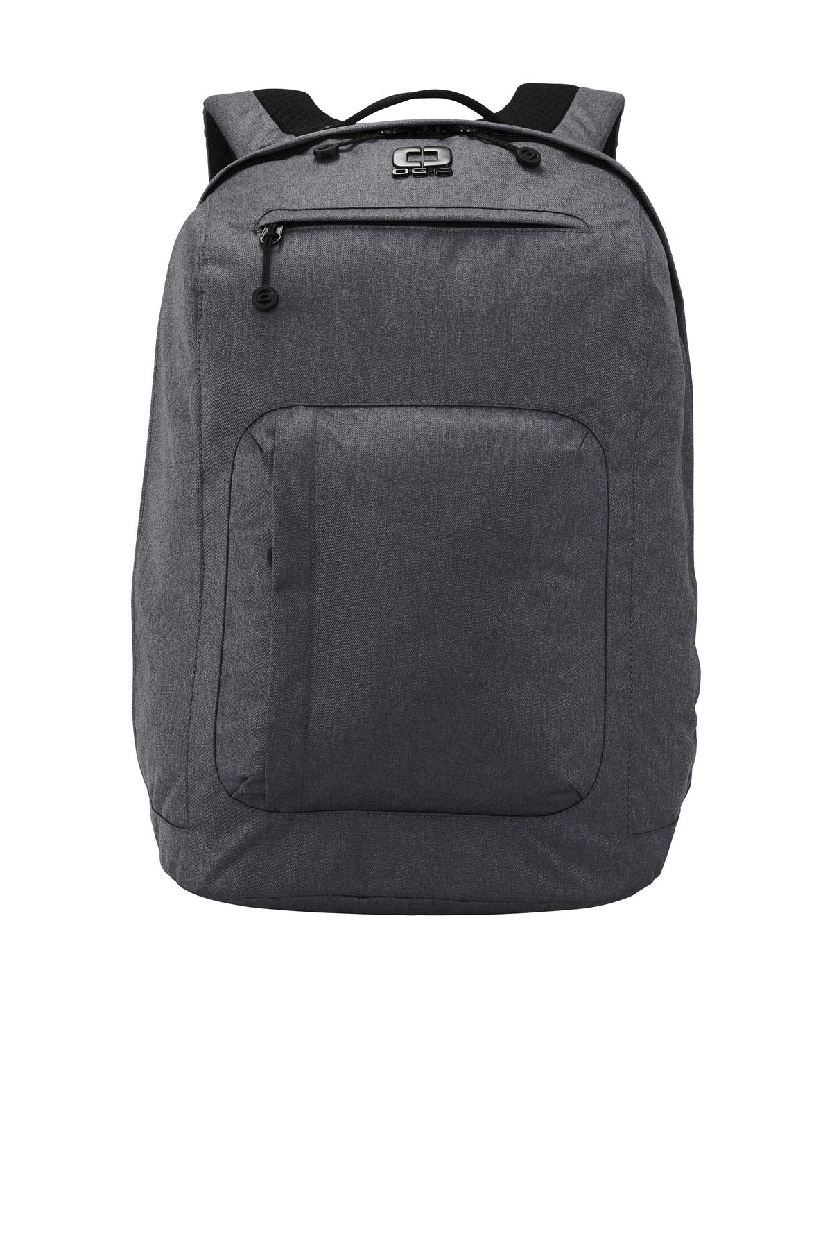 OGIO Downtown Pack in tarma cheather color, flat view showing multiple compartments and padded shoulder straps.