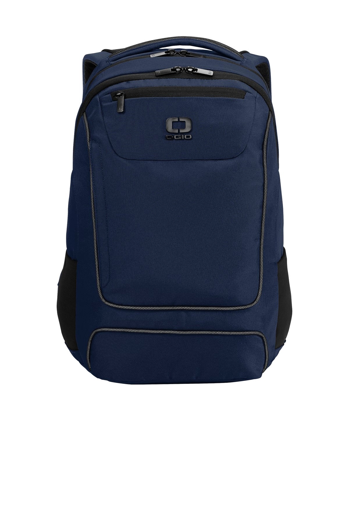OGIO Range Pack in river blue and navy with a flat, straight design, featuring multiple compartments and padded straps.