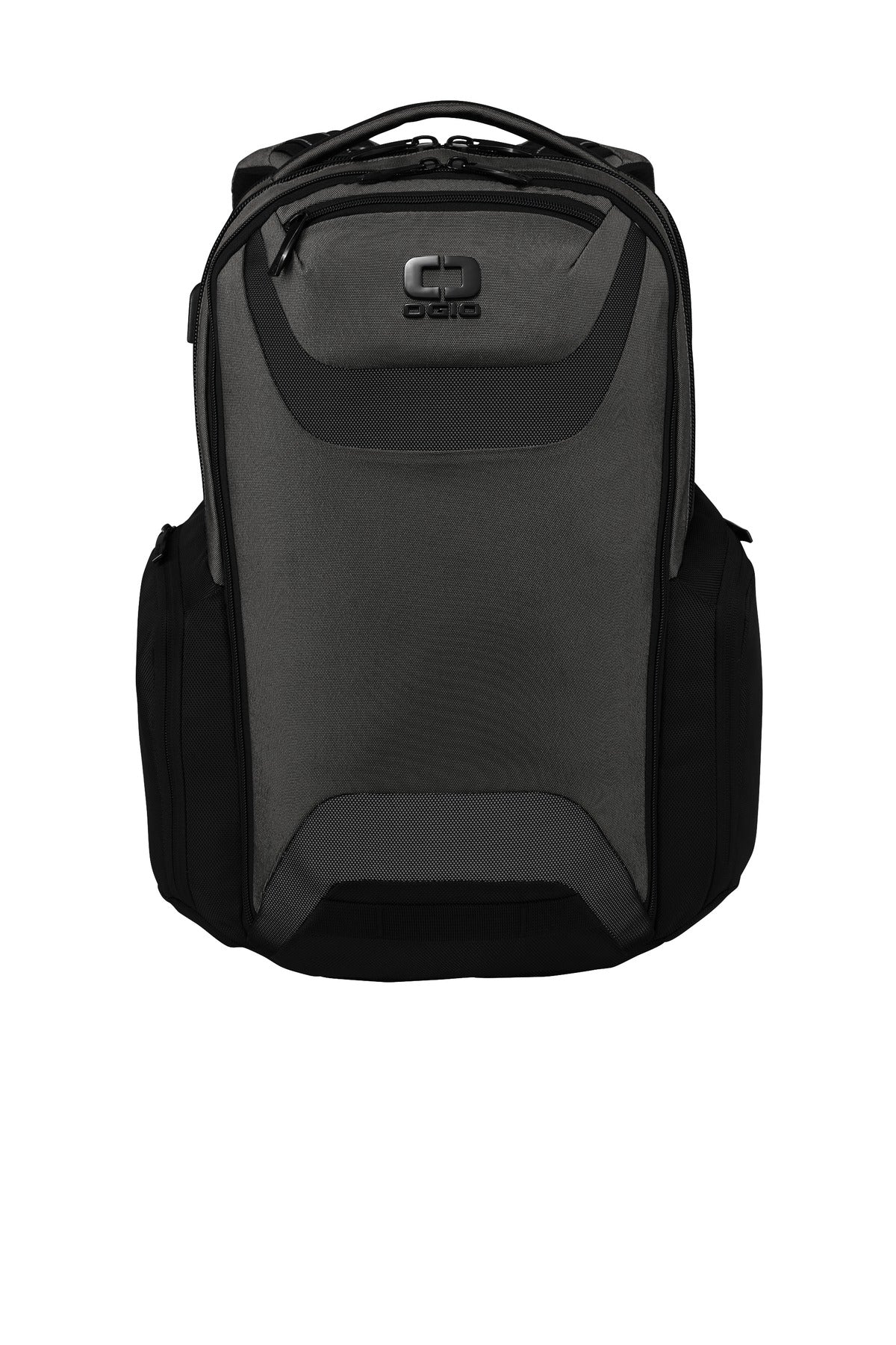 OGIO Connected Pack 91008 Tarmac flat straight view showing its sleek design and organized compartments for travel and daily use.