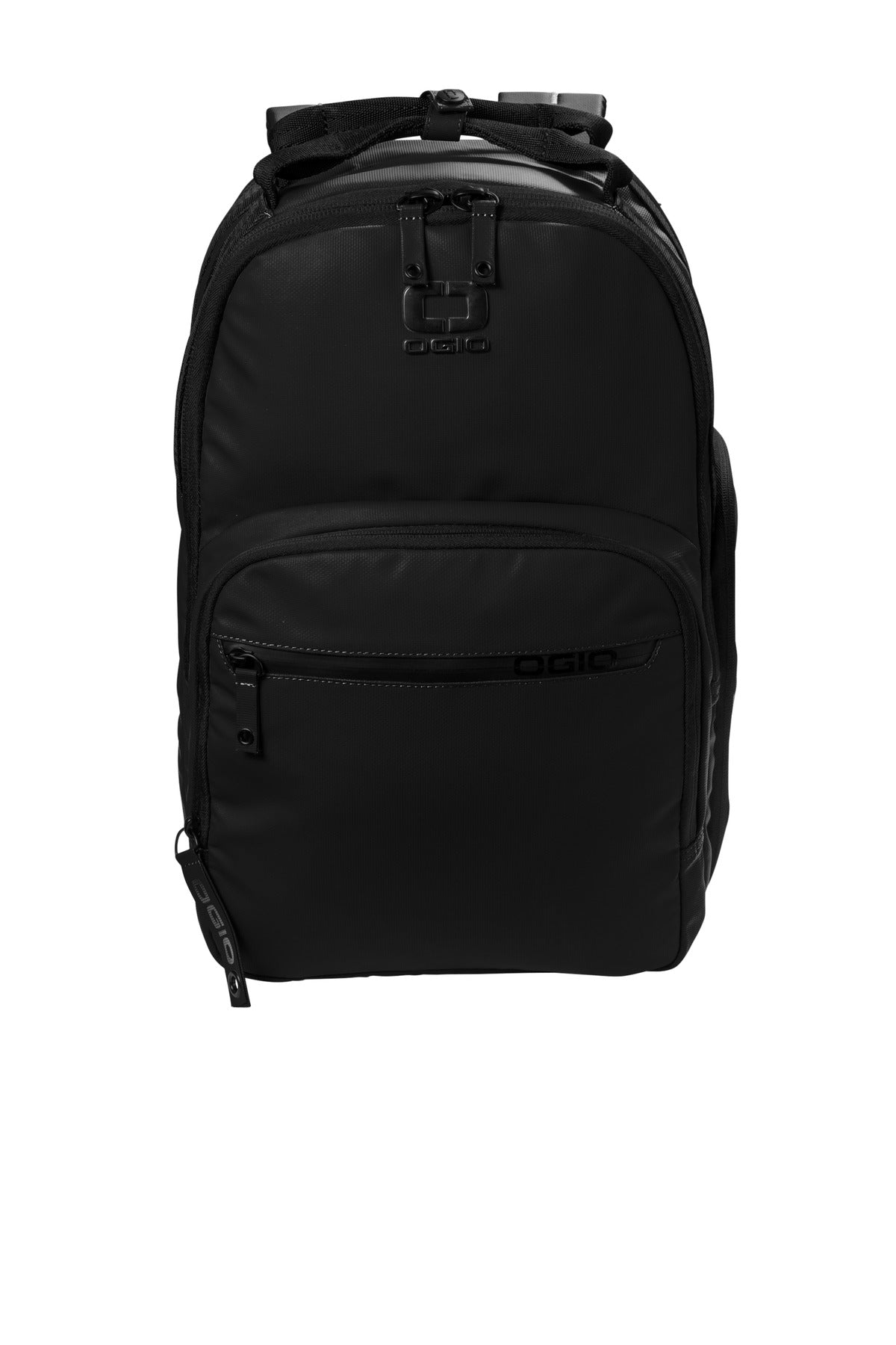 OGIO Commuter Transfer Pack 91009 in black, showing the flat front view with multiple compartments and padded shoulder straps.