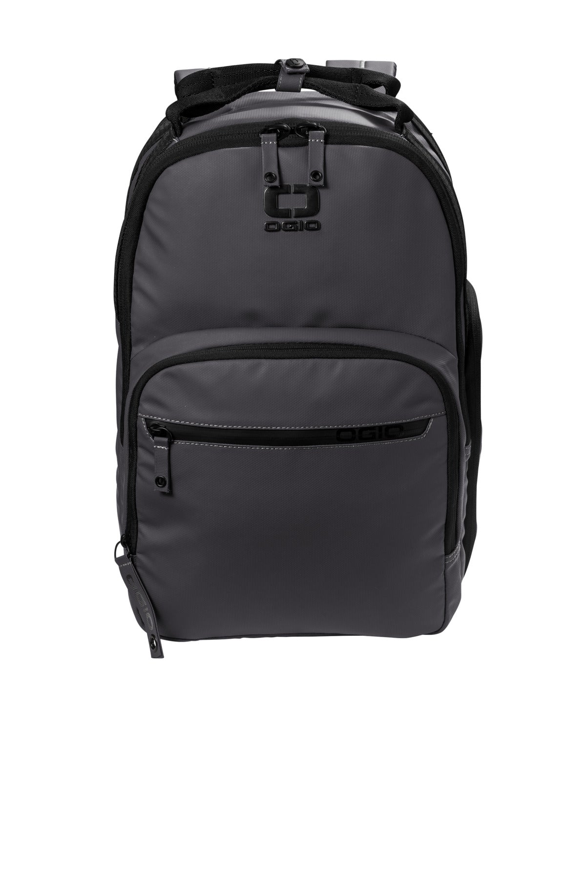 OGIO Commuter Transfer Pack in tarmac grey with flat front design, showcasing its sleek, durable backpack features.