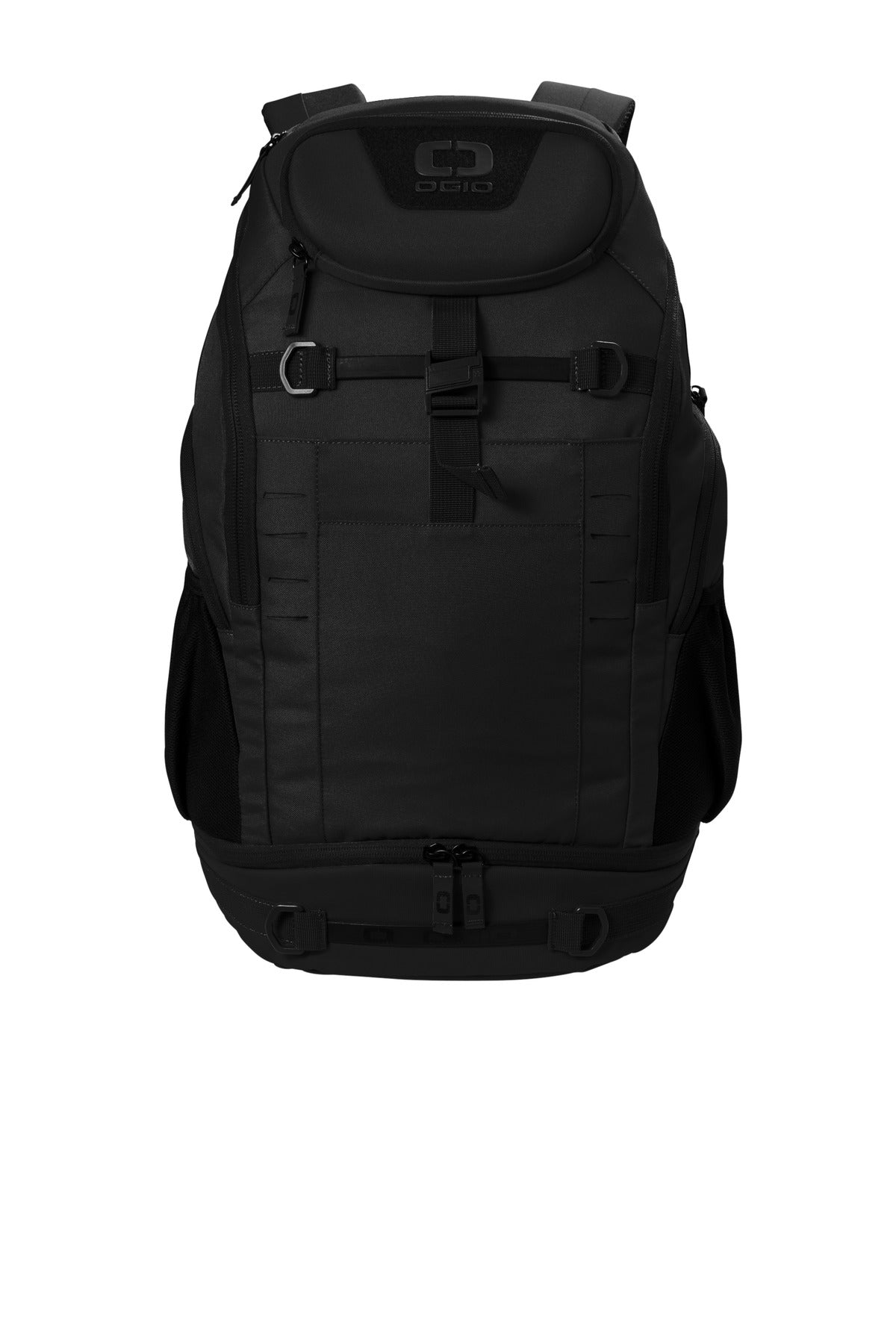 Black OGIO Utilitarian Pack 91010 with multiple compartments, front zipper pockets, and padded shoulder straps for comfortable carrying.